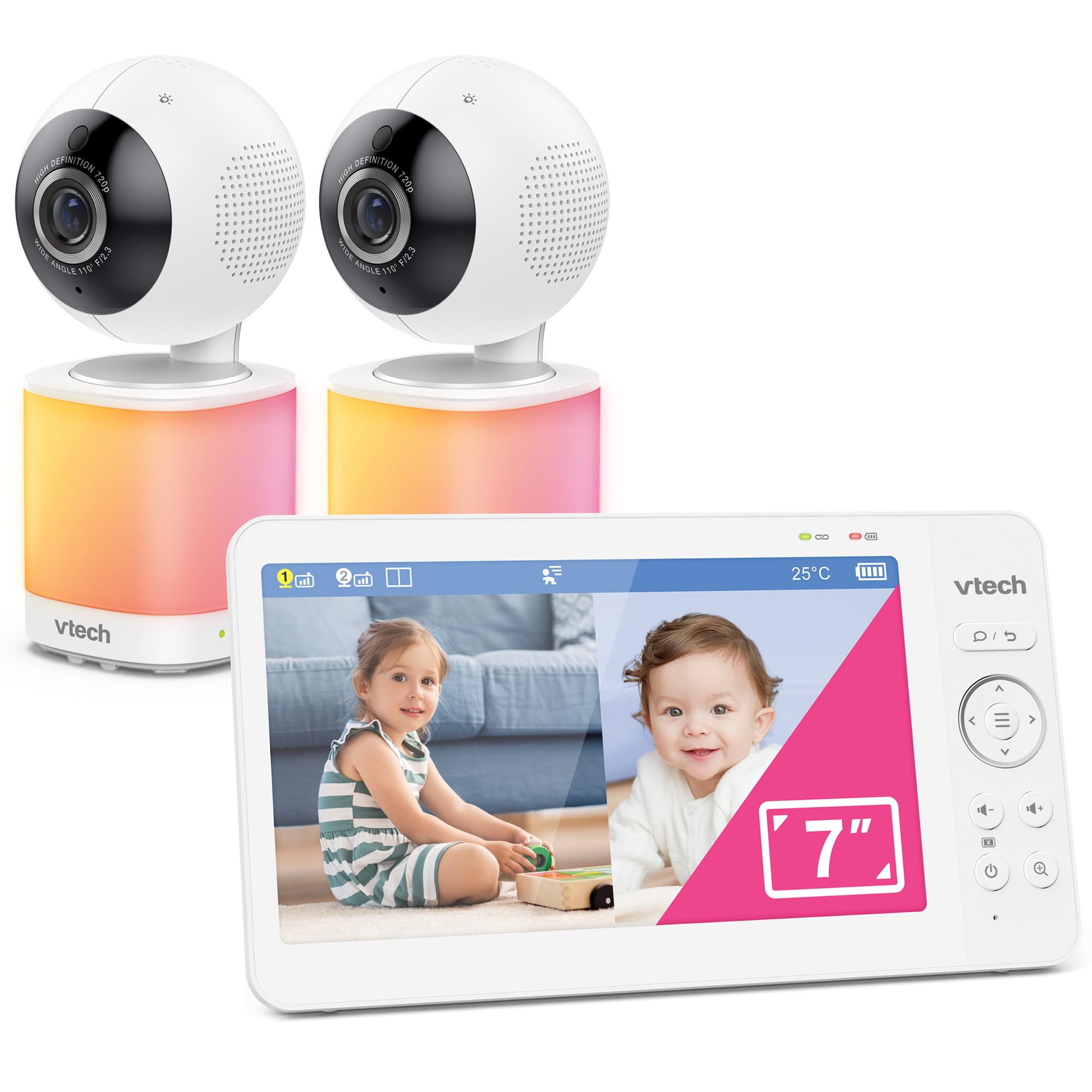 Vtech Video-Babyphone mit 7"-LCD-Farbbildschirm, 2 Kameras, Schwenk-Neige-Zoom-Funktion, berührungsgesteuertem, Nachtlicht, Schlafliedern und beruhigenden Klängen, Geteilter Bildschirm: VM7468-2