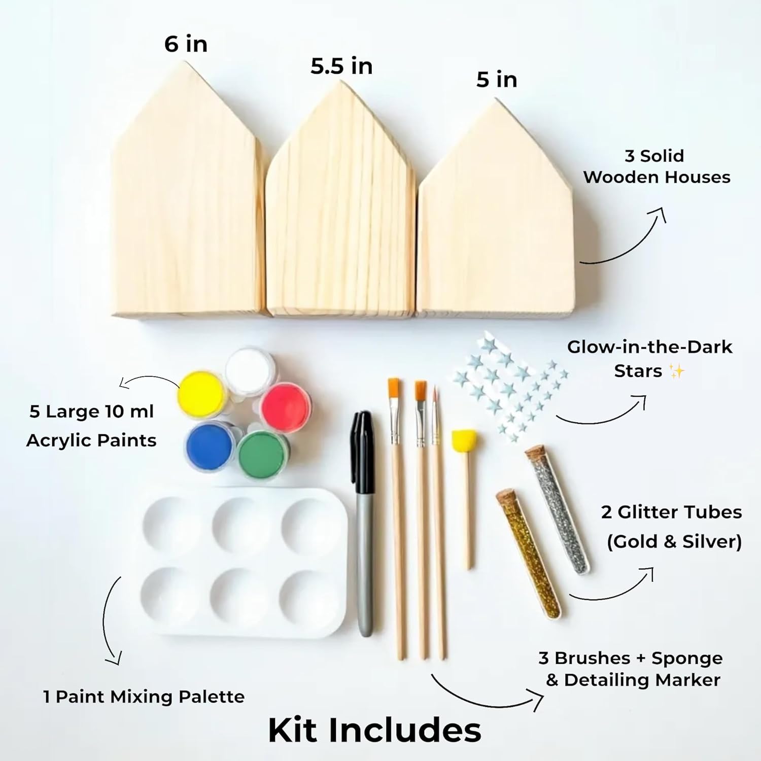 DIY Wooden Painting Craft Kit – Montessori Creative Art Set with Glow in The Dark Stars, Family STEM Activity | Handmade Gift for Boys & Girls | Paint Your Own Mini Houses (Natural Wood + Paint Set)