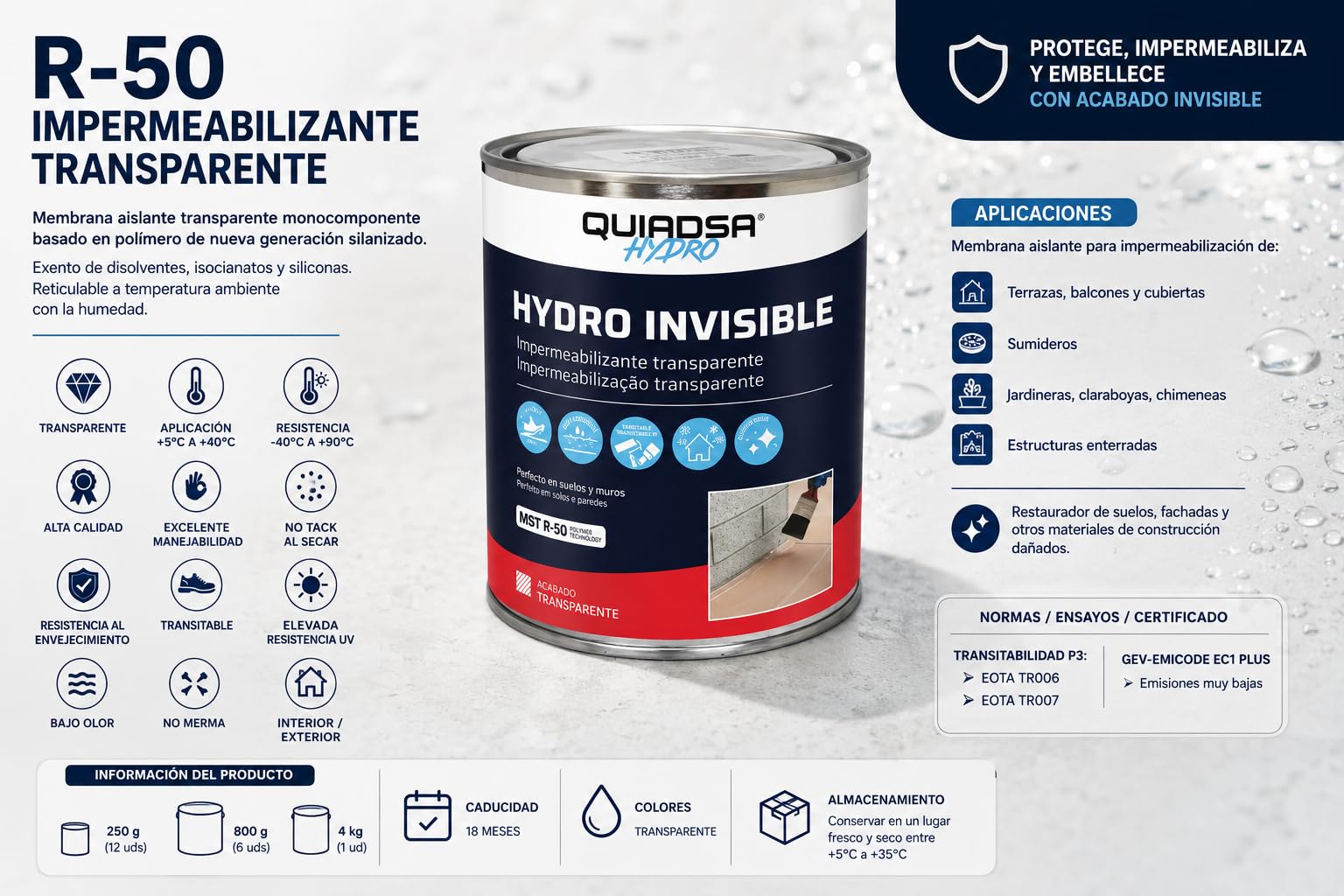 Impermeabilizante Transparente para Terrazas, Balcones y Cubiertas. Membrana Aislante de Polímero. Interior/Exterior. Resistencia UV y al Envejecimiento. Envase 4 kg - QUIADSA Hydro Invisible R-50