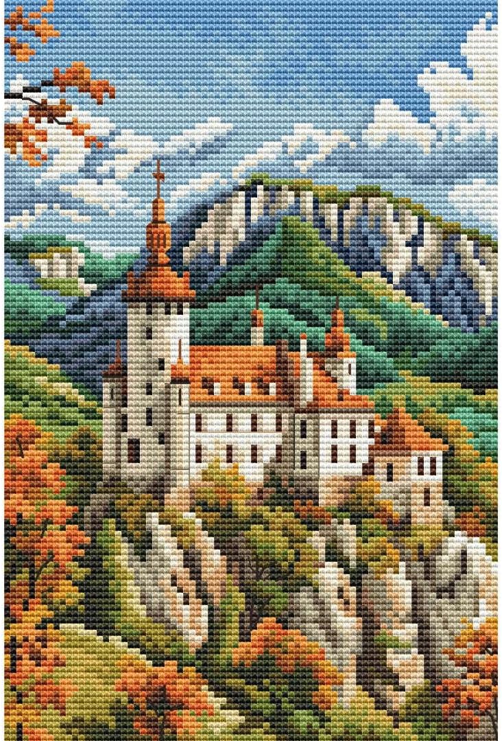 Collection D'Art Counted Cross Stitch Kit Castle in The Mountains Landscape, White Aida 14ct Fabric, Meduim Level, DMC Threads, BC8109