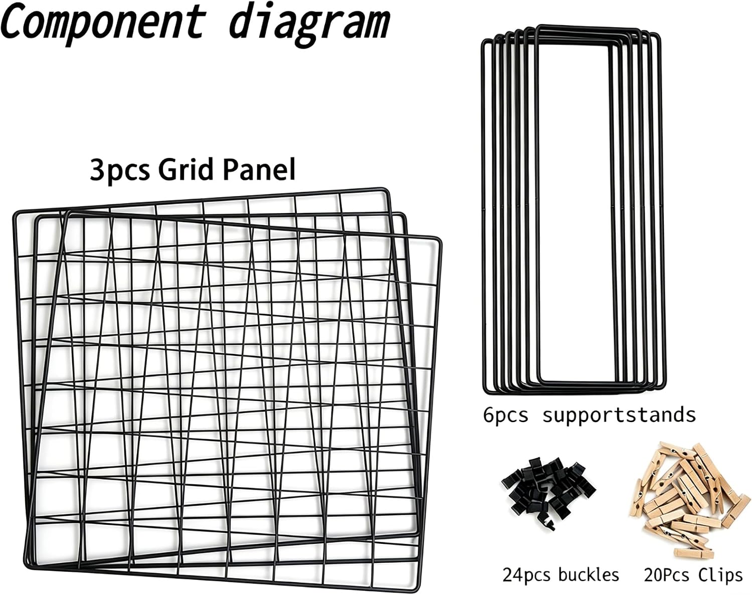 Foldable Desktop Photo Display Rack & Grid Display Board with 20 Wooden Clips – Photo, Accessory & Handcraft Display Organizer for Home Office Black Three-Grid Style