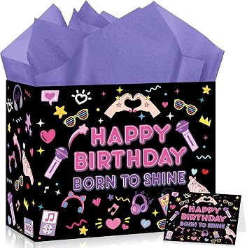 Kpop Birthday Gift Bag with Tissue Paper and Card Large Music Gift Bag for Girls Teens Finger Heart Born to Shine Kpop Wrapping Paper Neon Musical Idol Party Decor for Girls Birthday Party Supplies