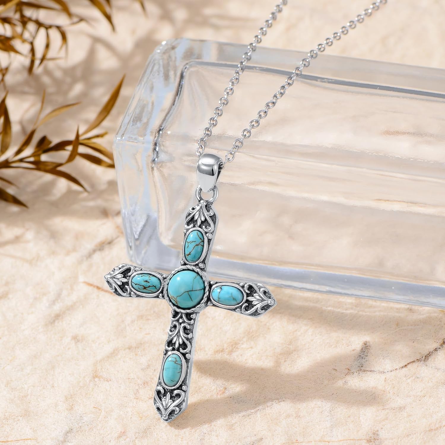 Turquoise Cross Necklace 925 Sterling Silver Turquoise Gemstone Religious Cross Pendant Southwestern Navajo Jewelry for Women - Image 2