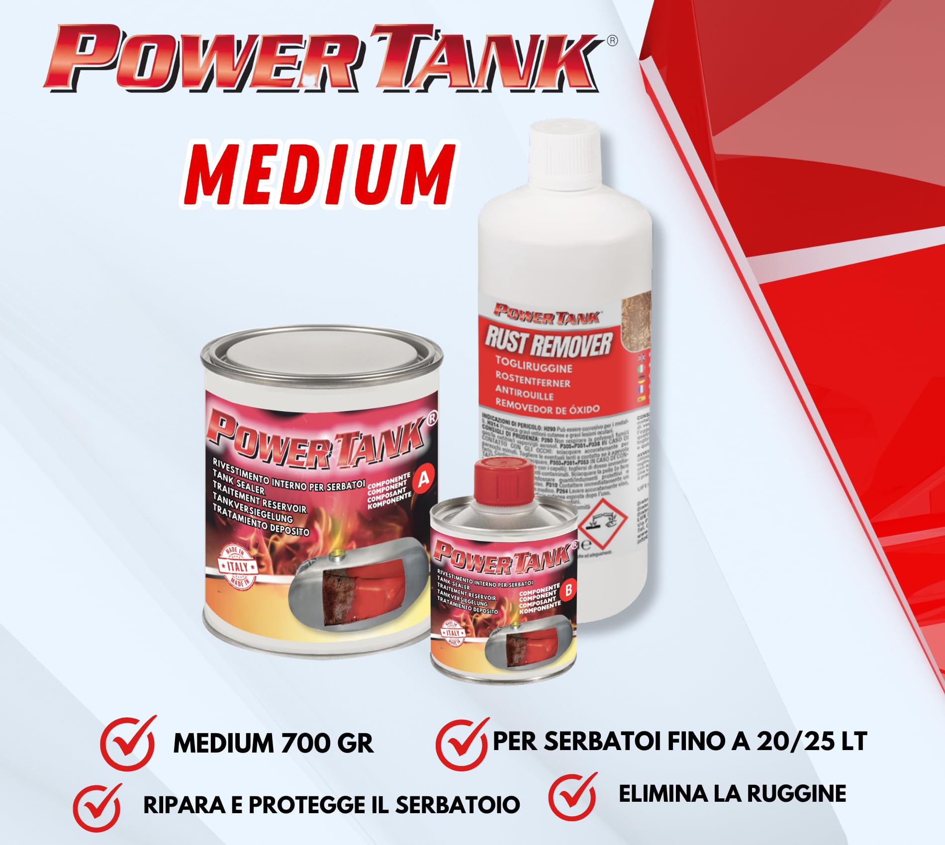 POWER TANK - Trattamento Serbatoio Moto (20/25 Litri) Kit Medio Medium 700 gr per Interno Serbatoi Benzina Elimina la Ruggine Ripara Protegge Arrugginito da Moto di Auto d'Epoca con Antiruggine