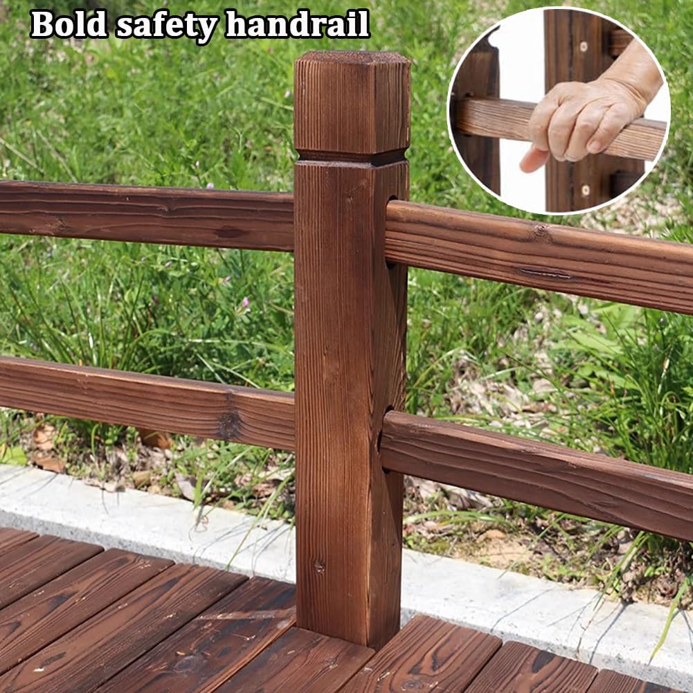 Classic Wooden Curved Footbridge, Outdoor Garden Walkway, Wooden Bridge with Handrails, Carbonized Finish, 5.9Ft Decorative Landscape Bridge, Pond and Backyard Landscape Walkway