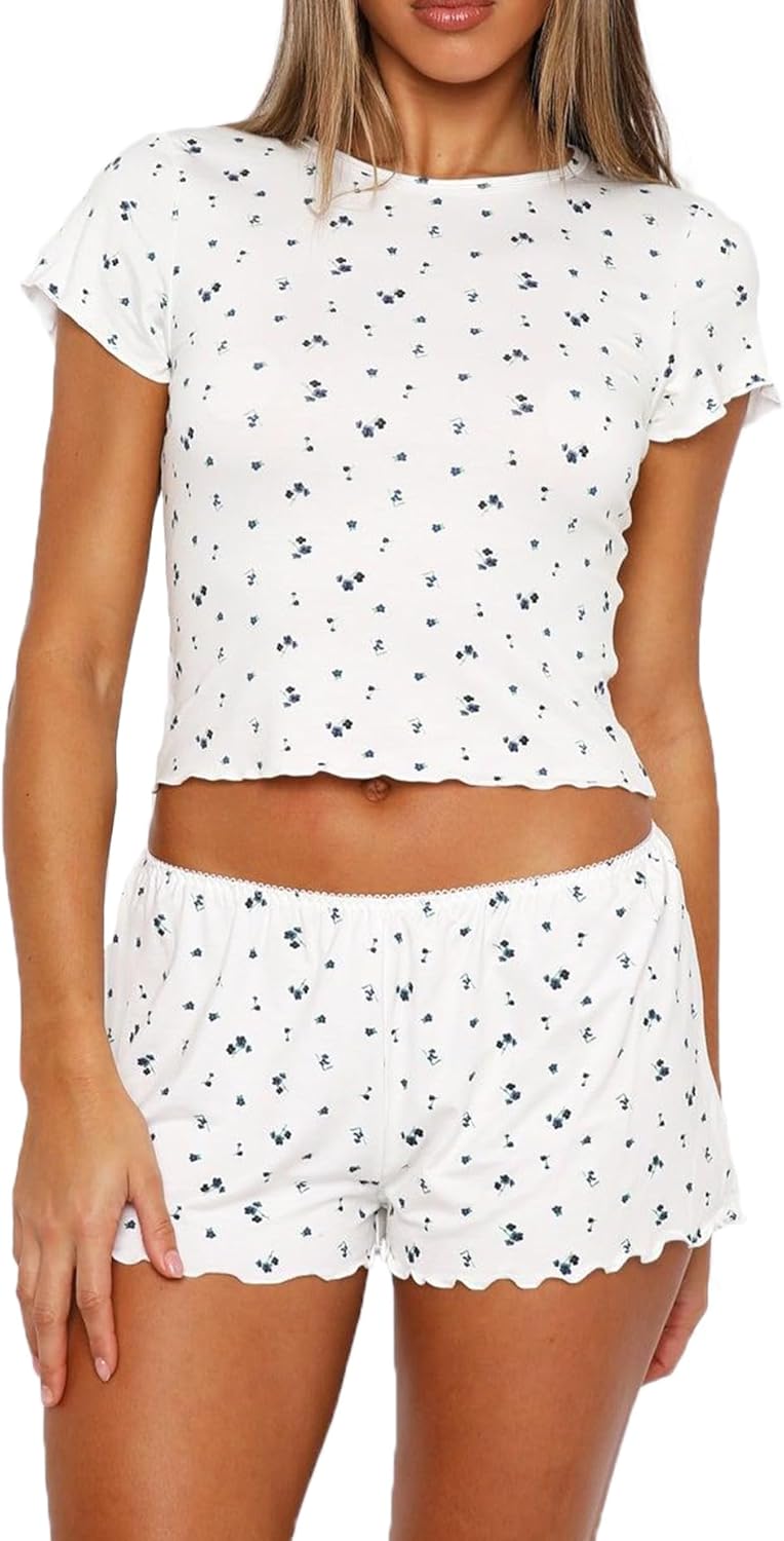 Lacozy Cute Pajamas for Women Set 2 Piece Short Sleeve Pjs Floral Graphic Crop Top Y2K Summer Sleepwear Lounge Set