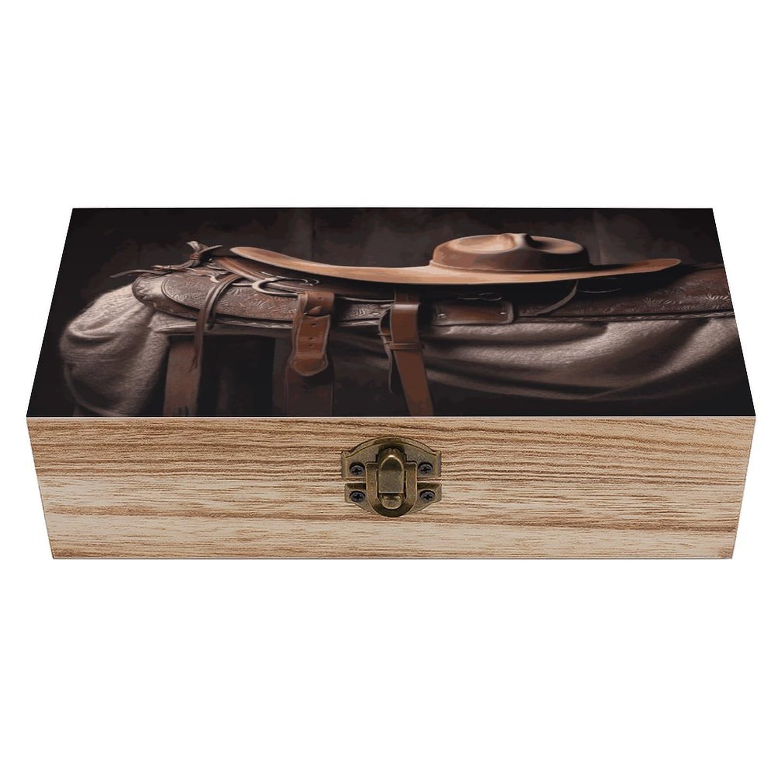 Btcowzrv Style Horse Saddle With A Cowboy Hat Wild Wooden Storage Box, Keepsake Box With Hinged And Retro Lock, Wood Jewelry Organizer For Photos & Mementos And Home Decor