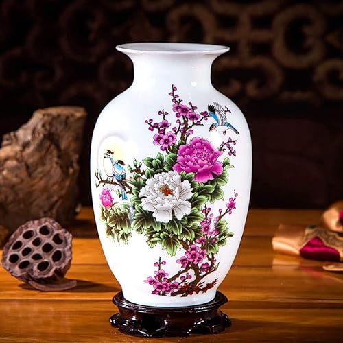 Miniatura 2 de Jarrón de cerámica blanco chino, Jingdezhen Birds Peony Flower Jarrones de porcelana blanca Decoración para el hogar
