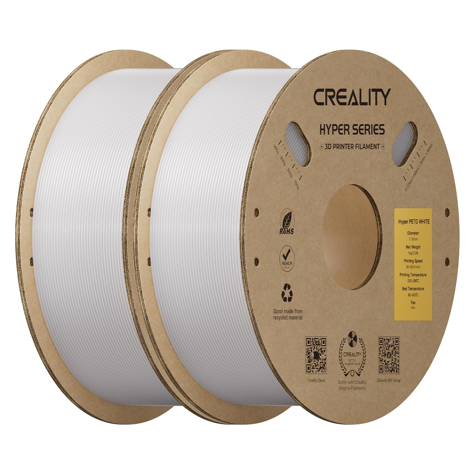 Creality Hyper PETG Filament 1.75mm, White, 2-Pack, 2KG