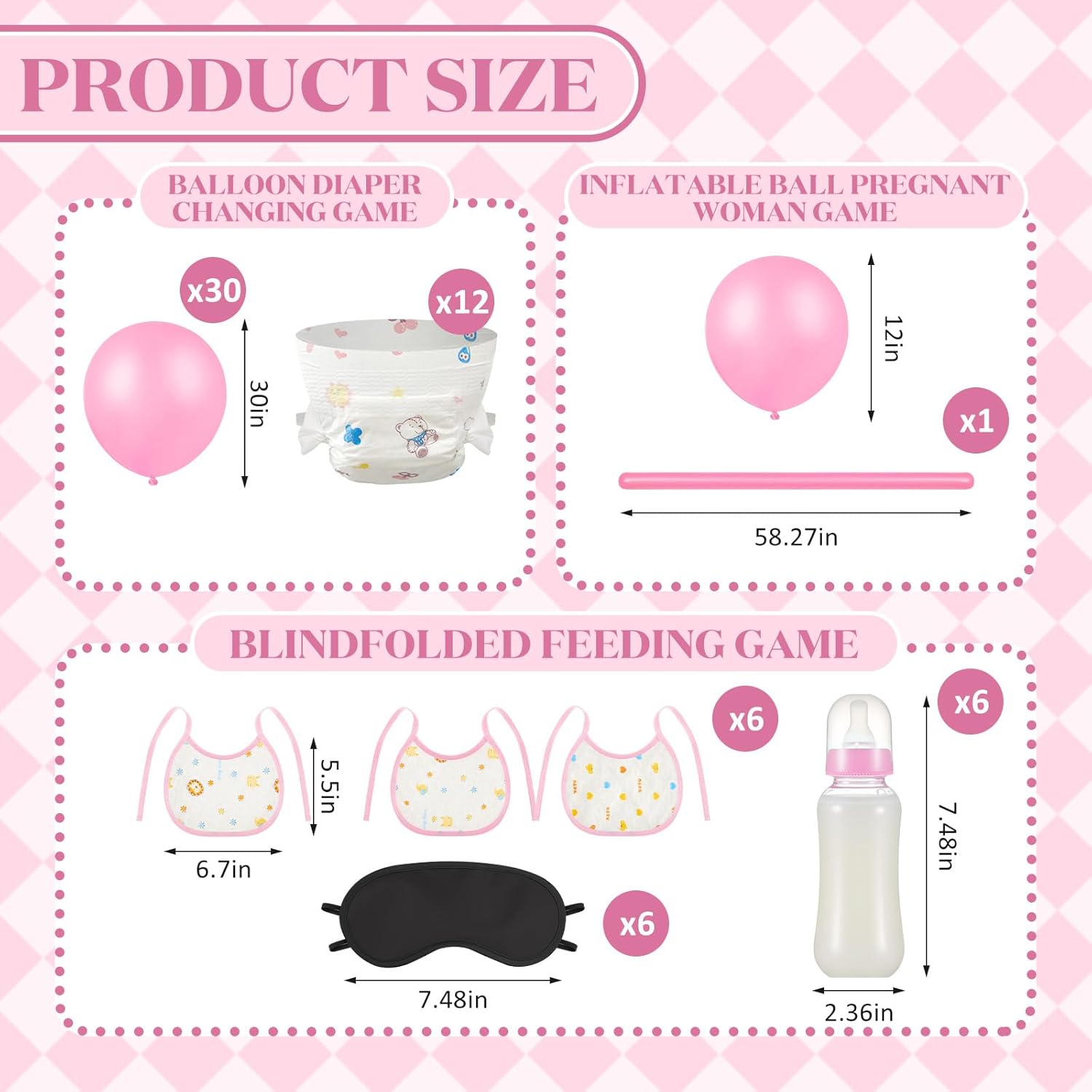 Soulchen Bottle Chug Baby Shower Games 3 Baby Shower Games for 6 Guests Include Bottle Disposable Diapers Balloon Eye Masks and Bibs for Gender Reveal Party Supplies(Pink)