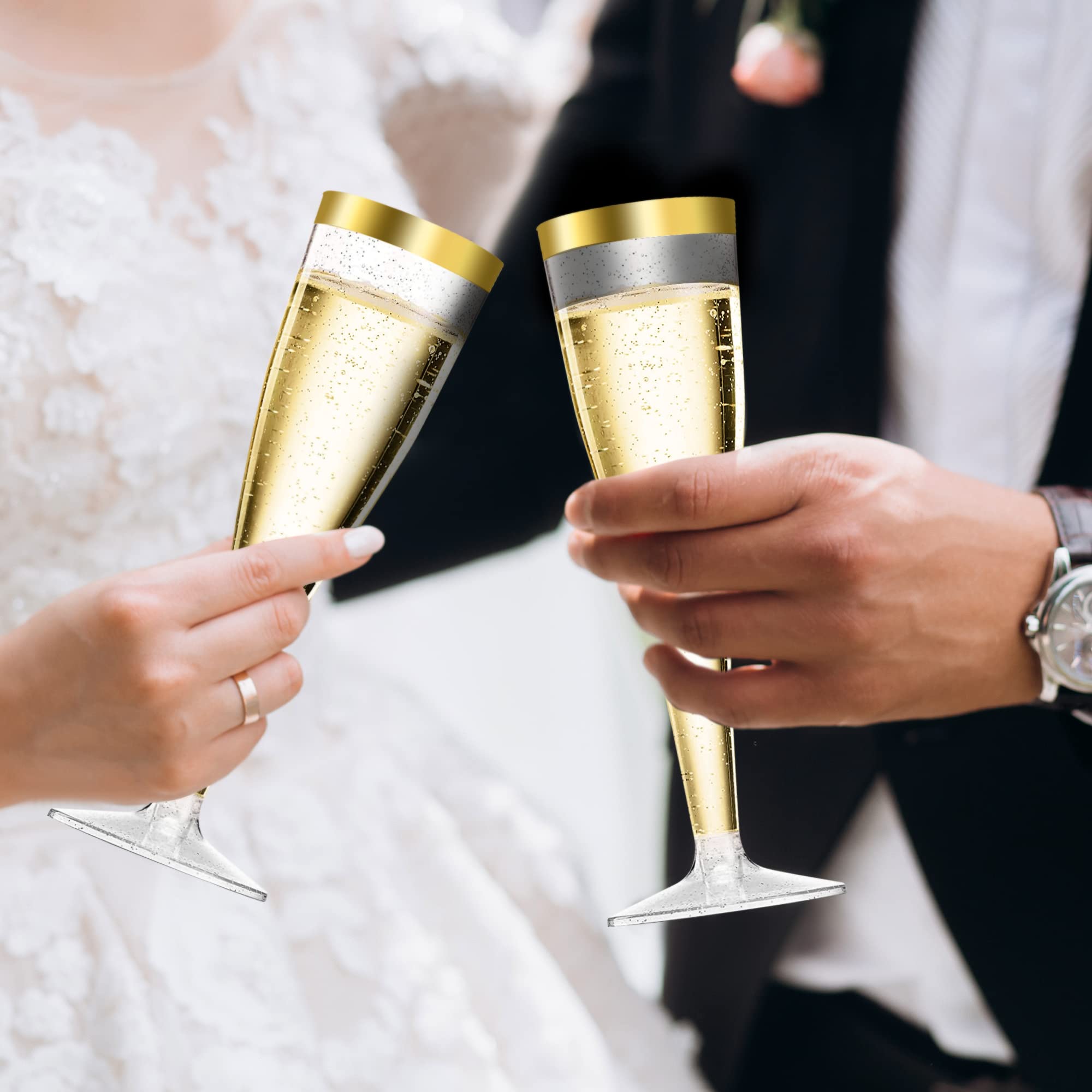 Juego de 60 copas de champán de plástico con purpurina dorada, adecuadas para bodas y cumpleaños, 150 ml, fabricadas con material duradero de alta calidad