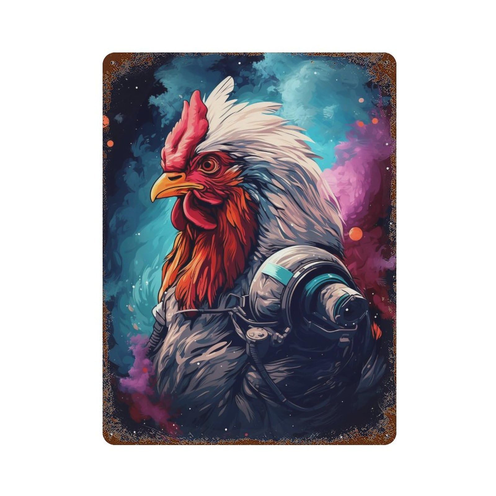 Space Chicken Explorer-3 Rustic Tin Plaque 15.7"x11.8", for Shed, Workshop And Garage Wall Decor, Farmhouse Wall Decor