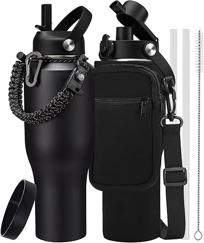 Botella de agua aislada de 40 onzas con popote, el vaso cabe en el portavasos del automóvil, frío 48 horas caliente 24 horas, termo de acero