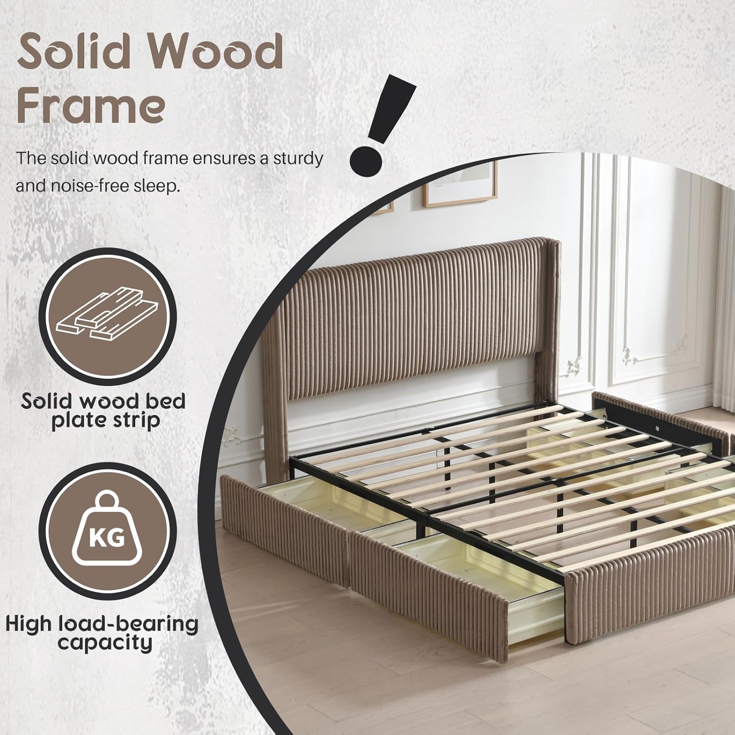 PINJU Full Size upholstered Bed Frame with 4 Storage Drawers, Modern Vertical-Striped wingback headboard, slatted Wood Support, Easy Assembly and no Noise (Brown, Full)