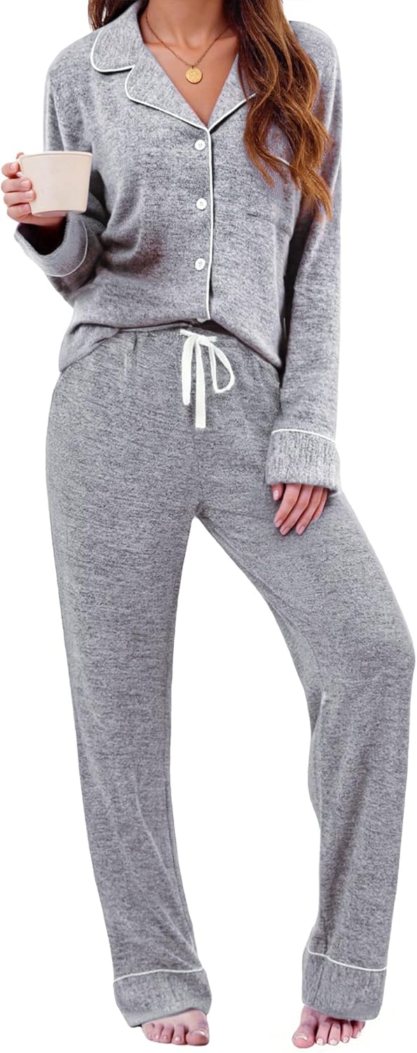 Leikar Button Up Pajama Set For Women Long Sleeve Shirt And Pajama Pants Soft Pjs Lounge Sets
