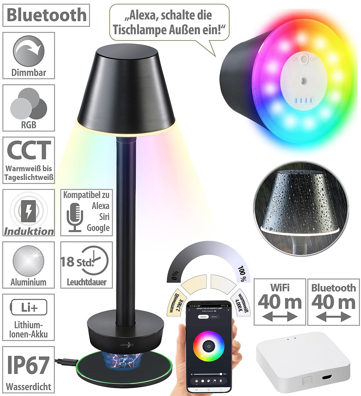 Luminea Home Control Kabellose LED-Tischlampe: Smarte Outdoor-Tischlampe mit WLAN-Gateway, RGB-CCT-LEDs, App, IP67 (mit Sprachsteuerung, Schreibtischleuchten Akku, Leuchte)