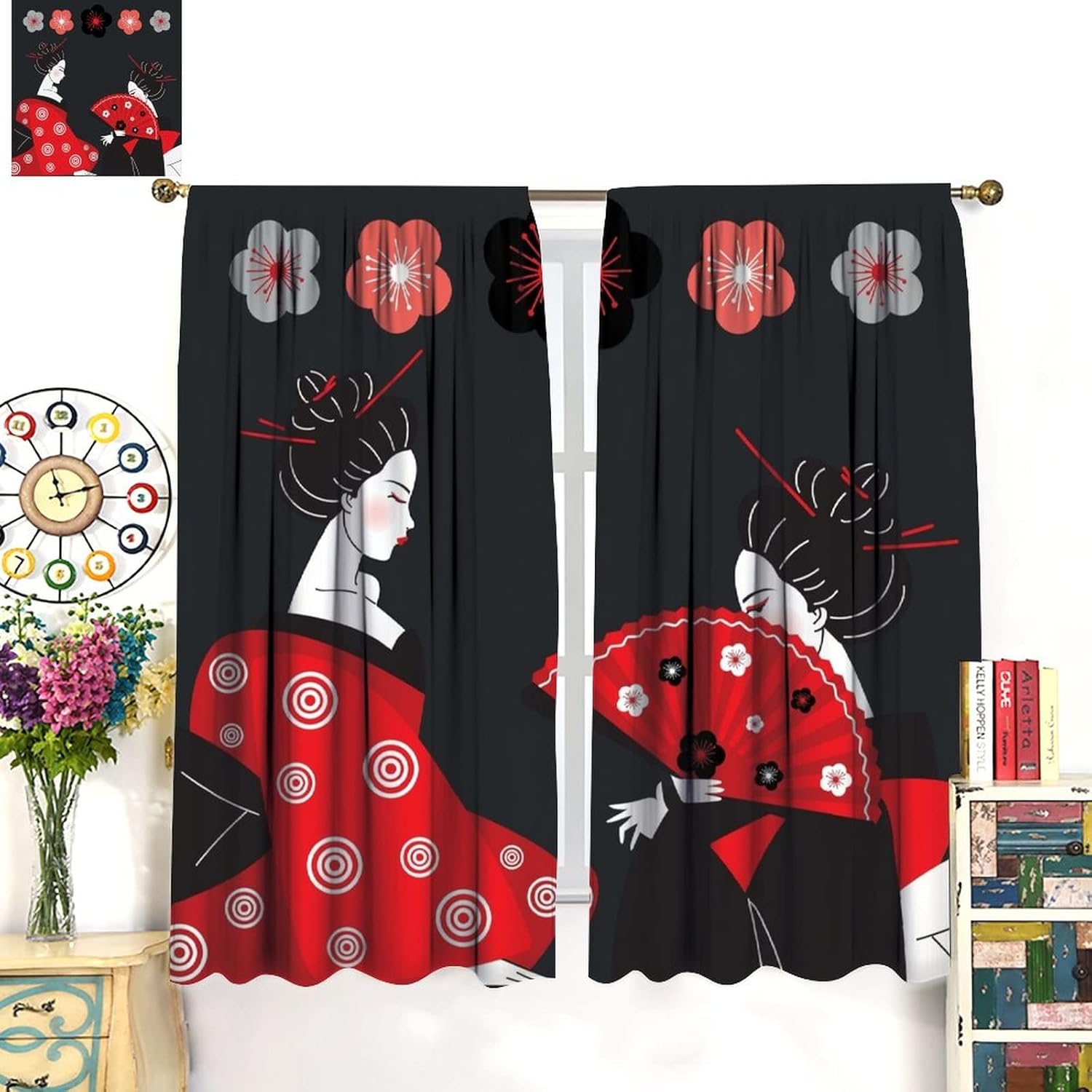 Japanese Girl Curtains,Asian Geisha Cherry Blossoms Japan Style Polyester Fabric Window Treatments for Girls Bedroom Living Room Kitchen Rod Pocket Curtains 2 Panel Set 42" x 45"