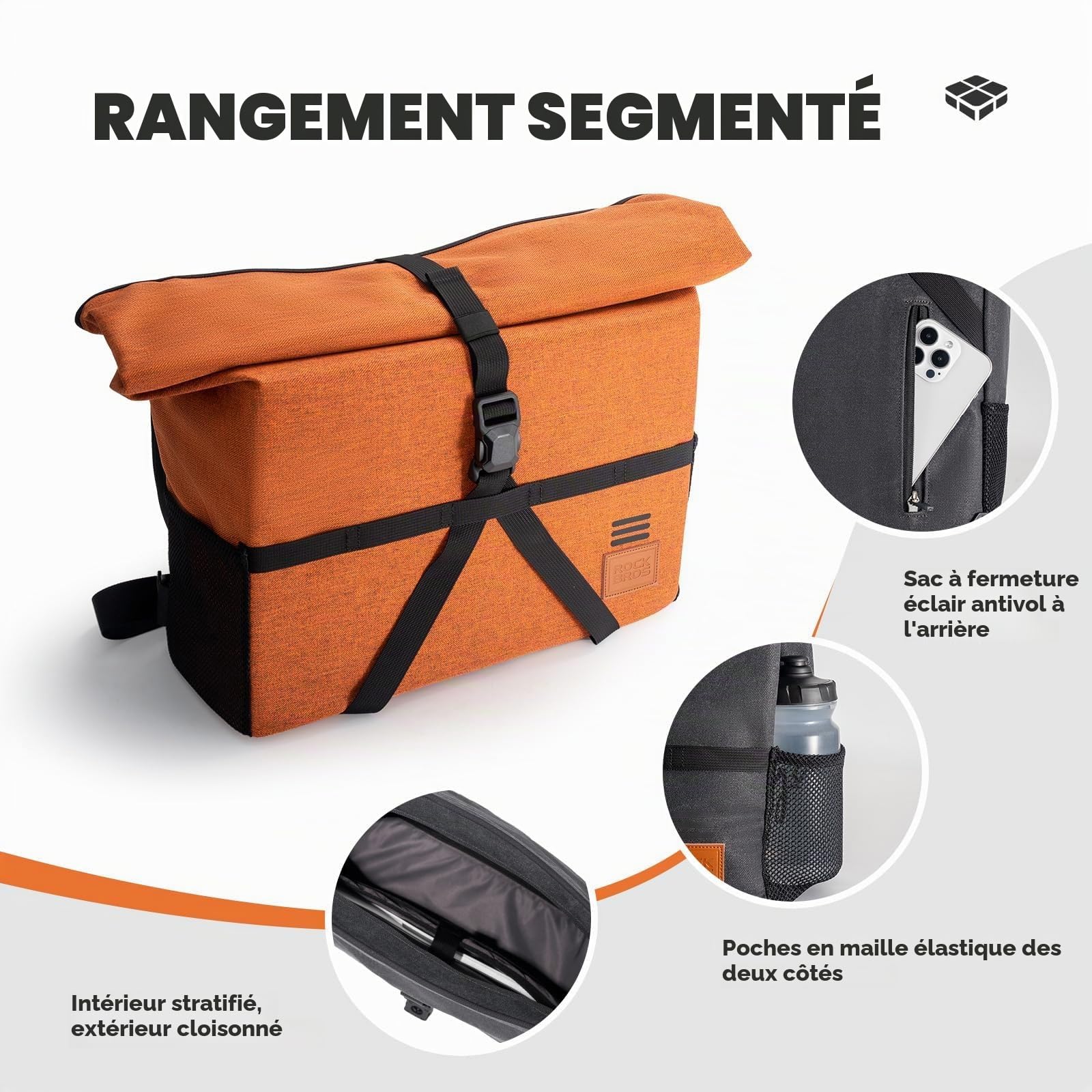 ROCKBROS Sacoche de Guidon pour Vélo Pliant Brompton, Sac de Panier Extensible 8-10L, Sacoche Avante de Vélo Amovible avec Adaptateur pour Scooter VTT Trottinette Électrique Noir