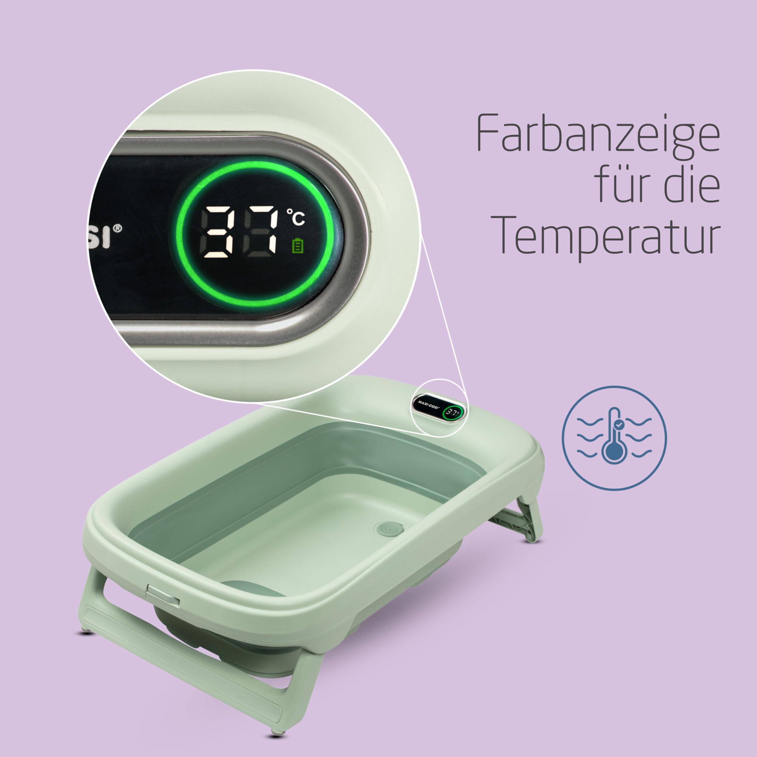 Maxi-Cosi Indigo Faltbare Badewanne Baby, 0-4 Jahre, Geräumige Mobile Badewanne Kleinkind, Integriertes HighSense Thermometer, Rutschfest, Klappbarer Hängehaken, Flach Faltbar, Sage Green