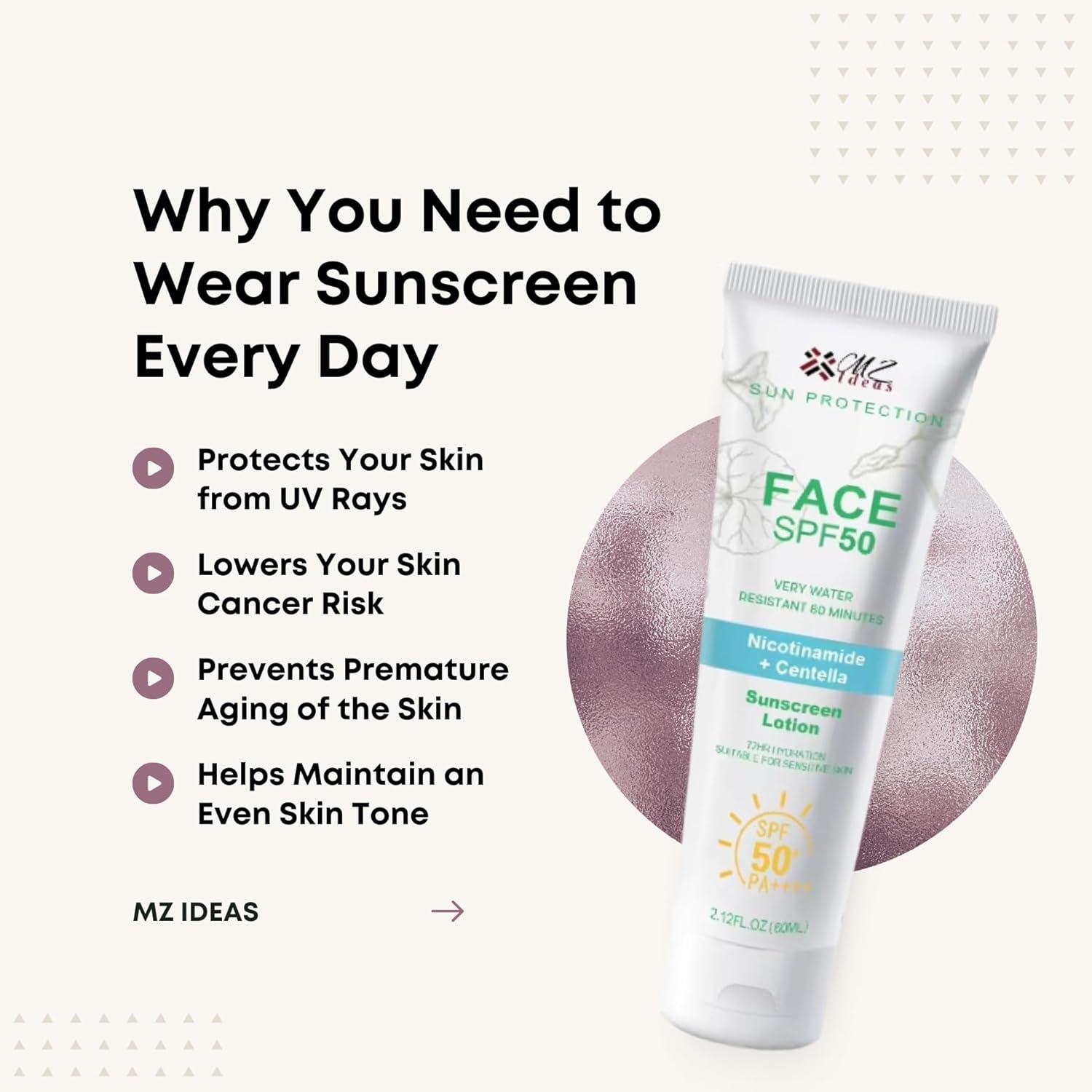 Face Sunscreen SPF 50 PA+++,Very Water Resistant 80 Minutes, with Niacinamide, Centella, 72H Hydration for sensative skin, 2.12 fl oz - Image 5