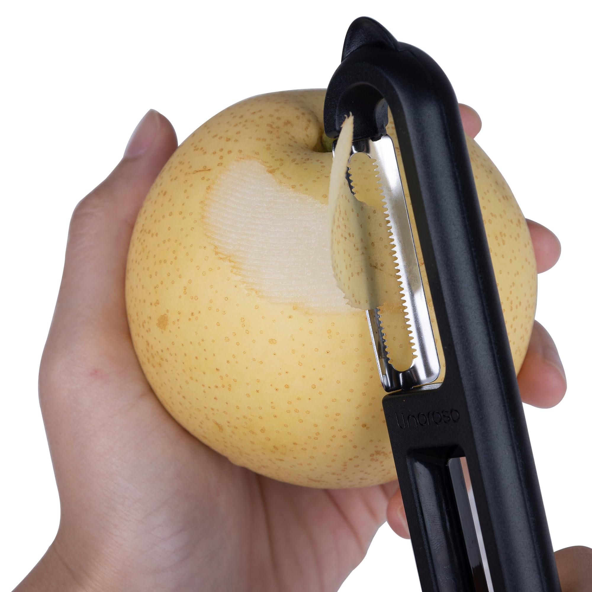 Linoroso Pelapatate Professionale Seghettato di Tipo I con Punta per Pela Patate e Verdura Frutta, Affilato e Liscio, Impugnatura Confortevole - Nero Classico
