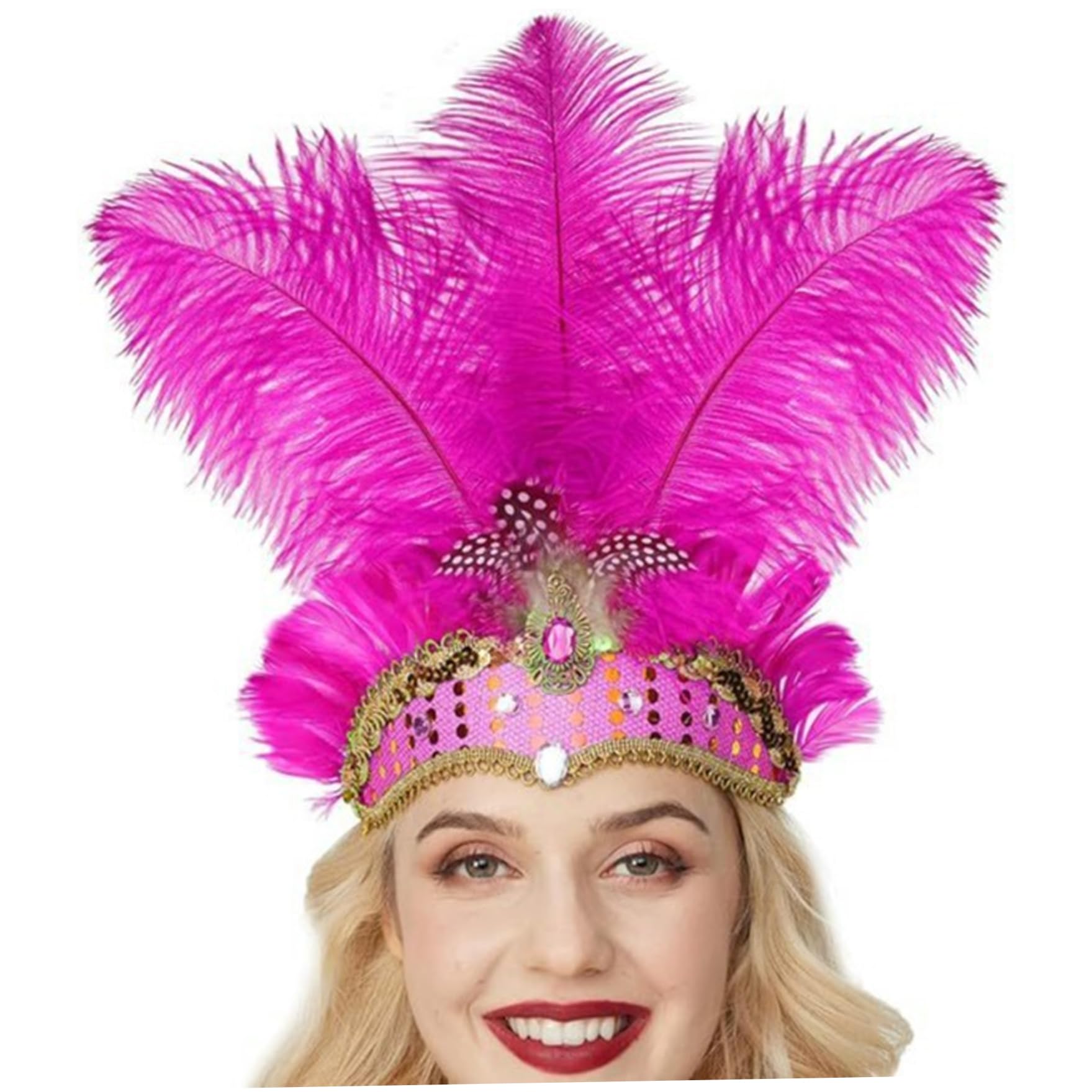 NIDONE Showgirl Headpiece for Women Girls Feathered Headpiece with Sequin for Carnival Hawaii Halloween Masquerade Costume Party, Rose Red
