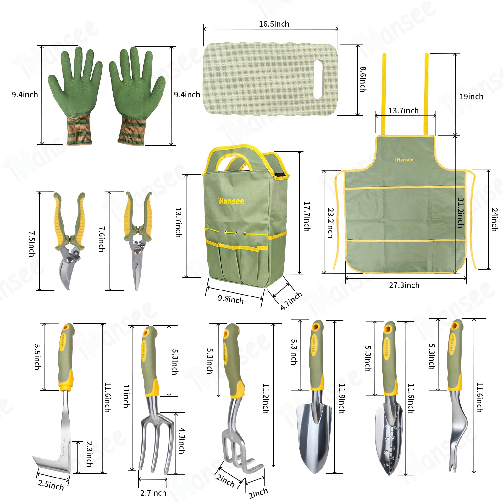 Set di 12 attrezzi da giardino, in alluminio resistente, con manico in gomma antiscivolo, grembiule da giardino, guanti, ginocchiera e borsa portaoggetti, attrezzi da giardino per