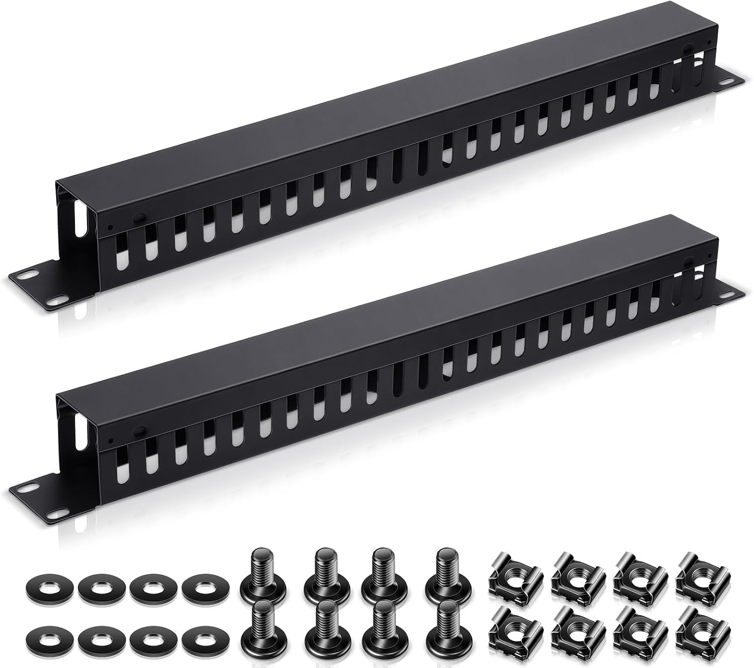 Leinuosen 2 Pack 1U 19'' Cable Manager 24 Slot Horizontal Rack Mount Wire Management Server Rack Cable Management Metal Finger Duct Wire Organizer with Cover and Mounting Screws for Network Cabinet