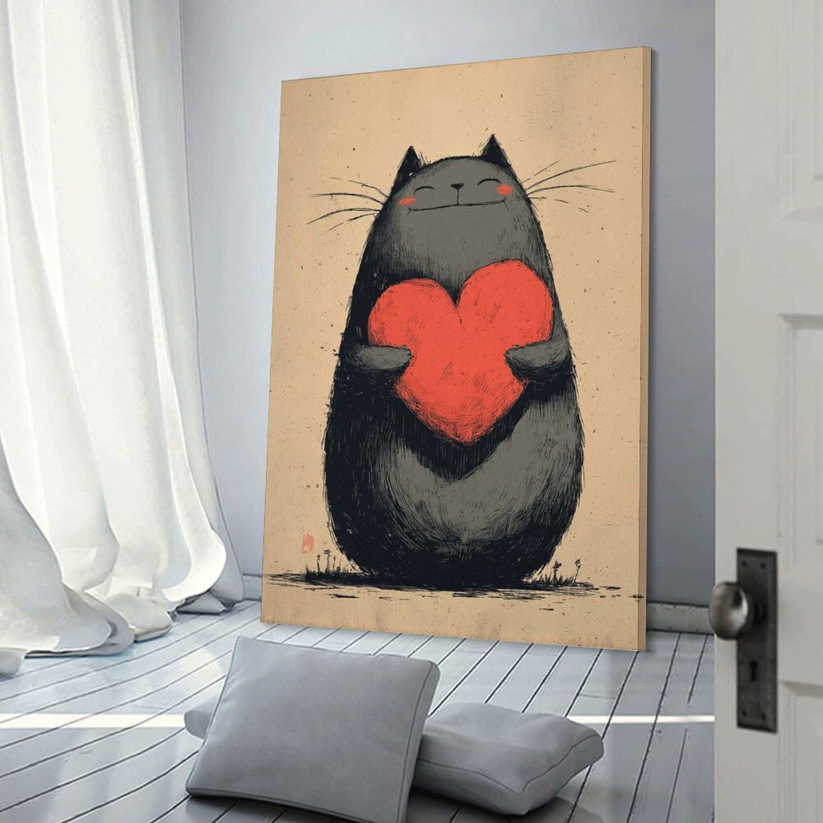 Junmoney Wall Picture Print Cat Holding Heart, 12x18inch(30x45cm), for Workspace Walls, Study Corners Or Bedrooms, A Smart Decor Choice for Study Walls
