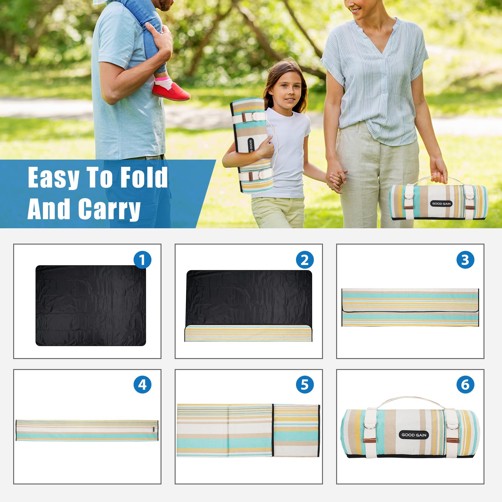 Good Gain Couverture De Pique-nique Imperméable – Nappe De Sol Portable 200x137cm, Bleu Marine, Avec Sangle