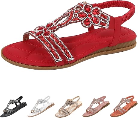 Womens Open Toe Rhinestones Flat Sandals,Sexy Summer Boho Elastic Slingback Ankle Strap Casual Dressy Beach Shoes
