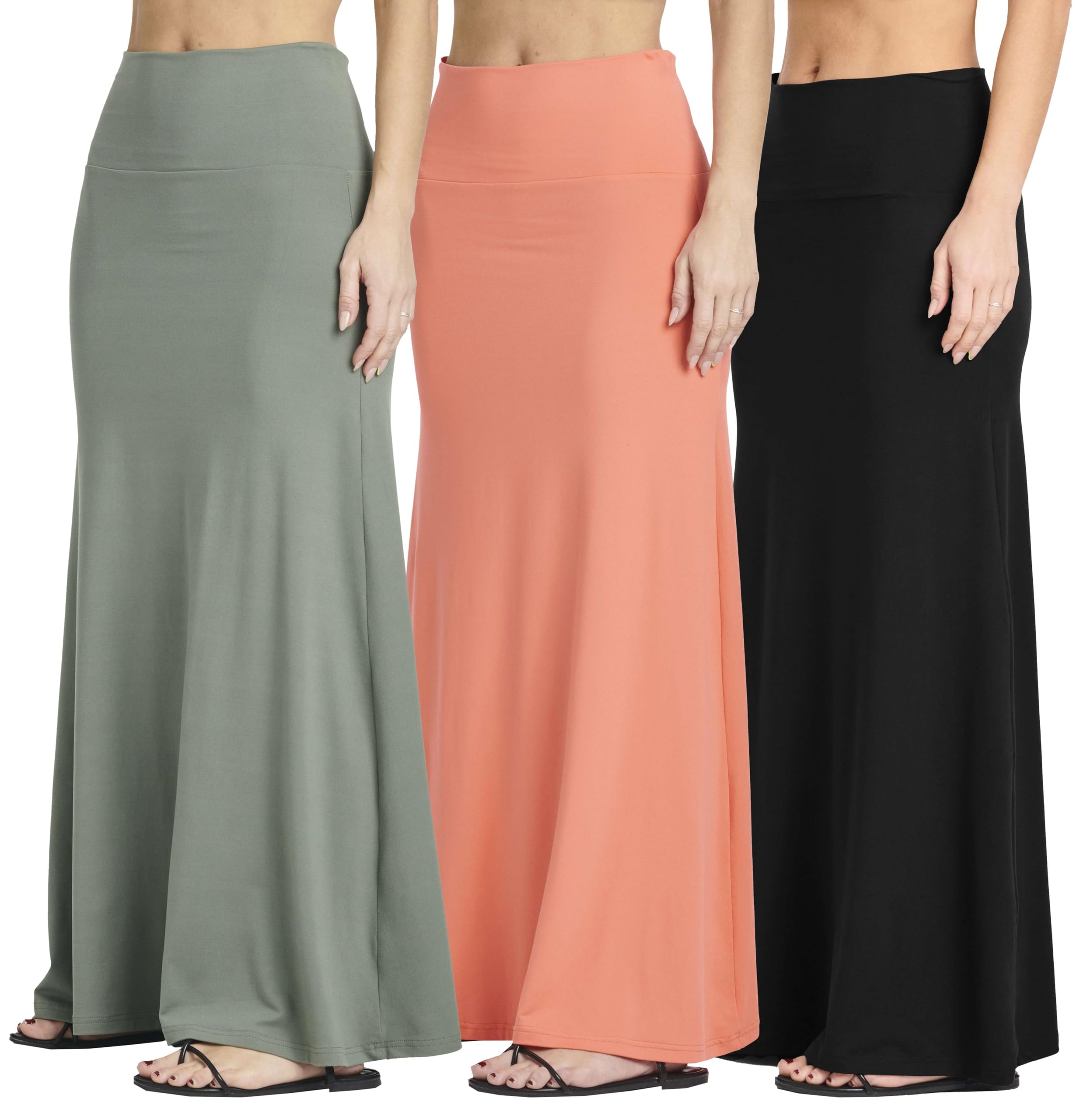 Real Essentials 3 Pack Womens Ultra-Soft Flowy Maxi High Waisted Long Skirts Available in Plus Size