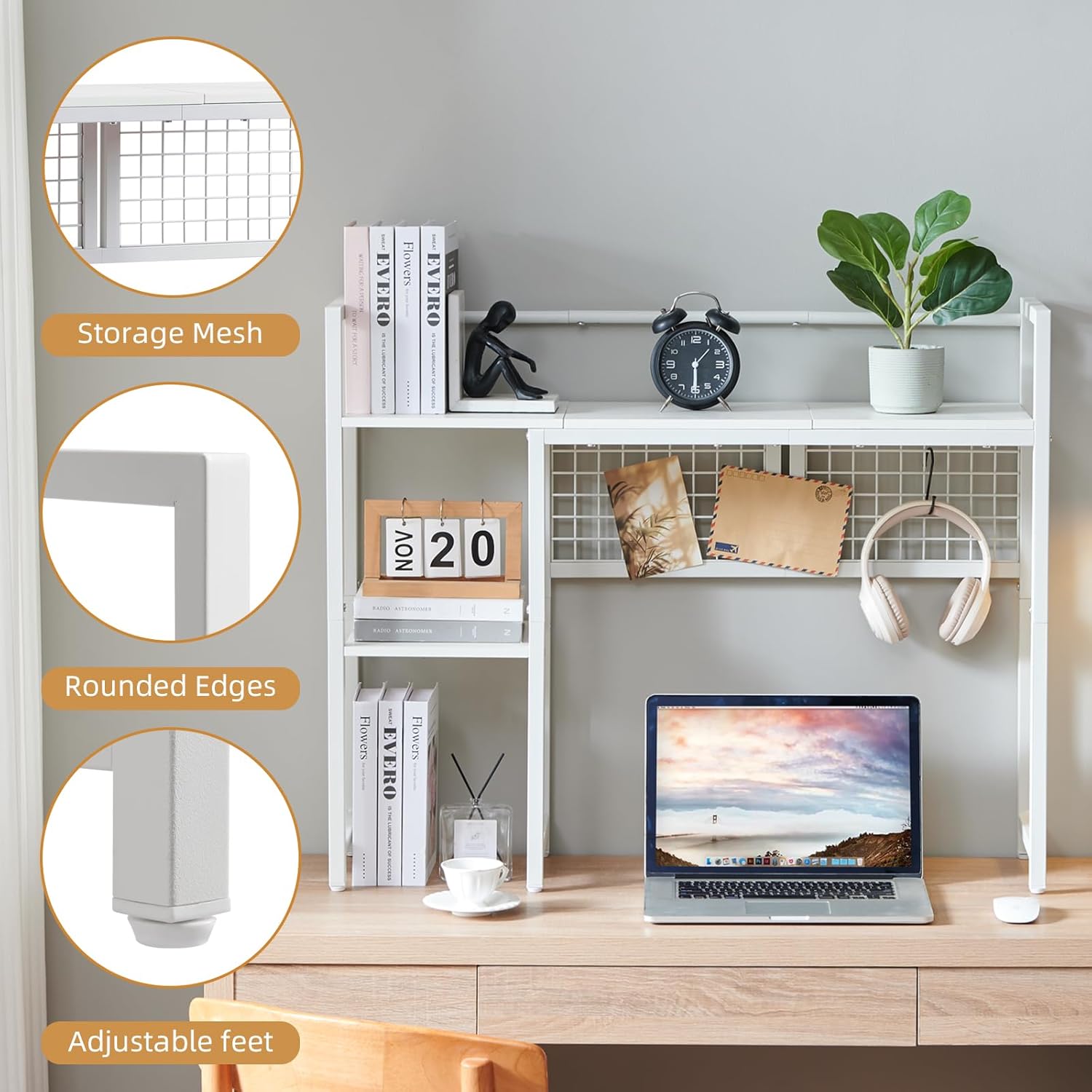 4-Tier Desk Hutch Shelf with Grid Panel, 36” Desktop Bookshelf for Monitor, Office & Home (White, 36")