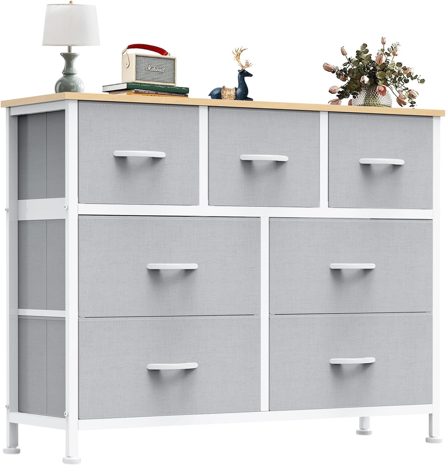 OLIXIS 7 Drawers Dresser for Bedroom, Fabric Storage Tower for Living Room, Entryway - Sturdy Steel Frame, Wooden Top and Easy Pull Fabric Bins, Closet Chests Organizer for Clothes,Light Gray