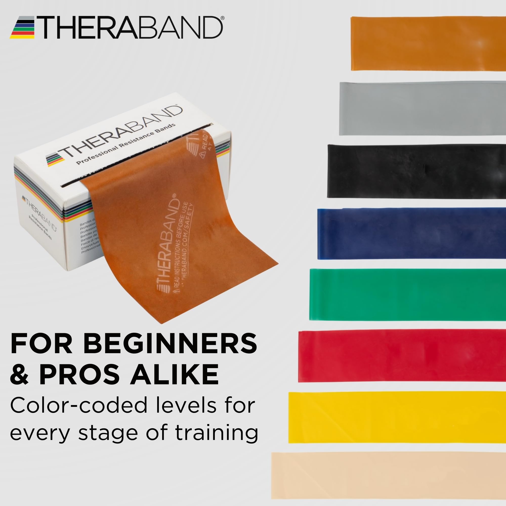 TheraBand Fascia di resistenza in lattice – Fasce elastiche per esercizi e fisioterapia professionale, fascia per esercizi per riabilitazione, pilates, allenamento e recupero della mobilità – rotolo