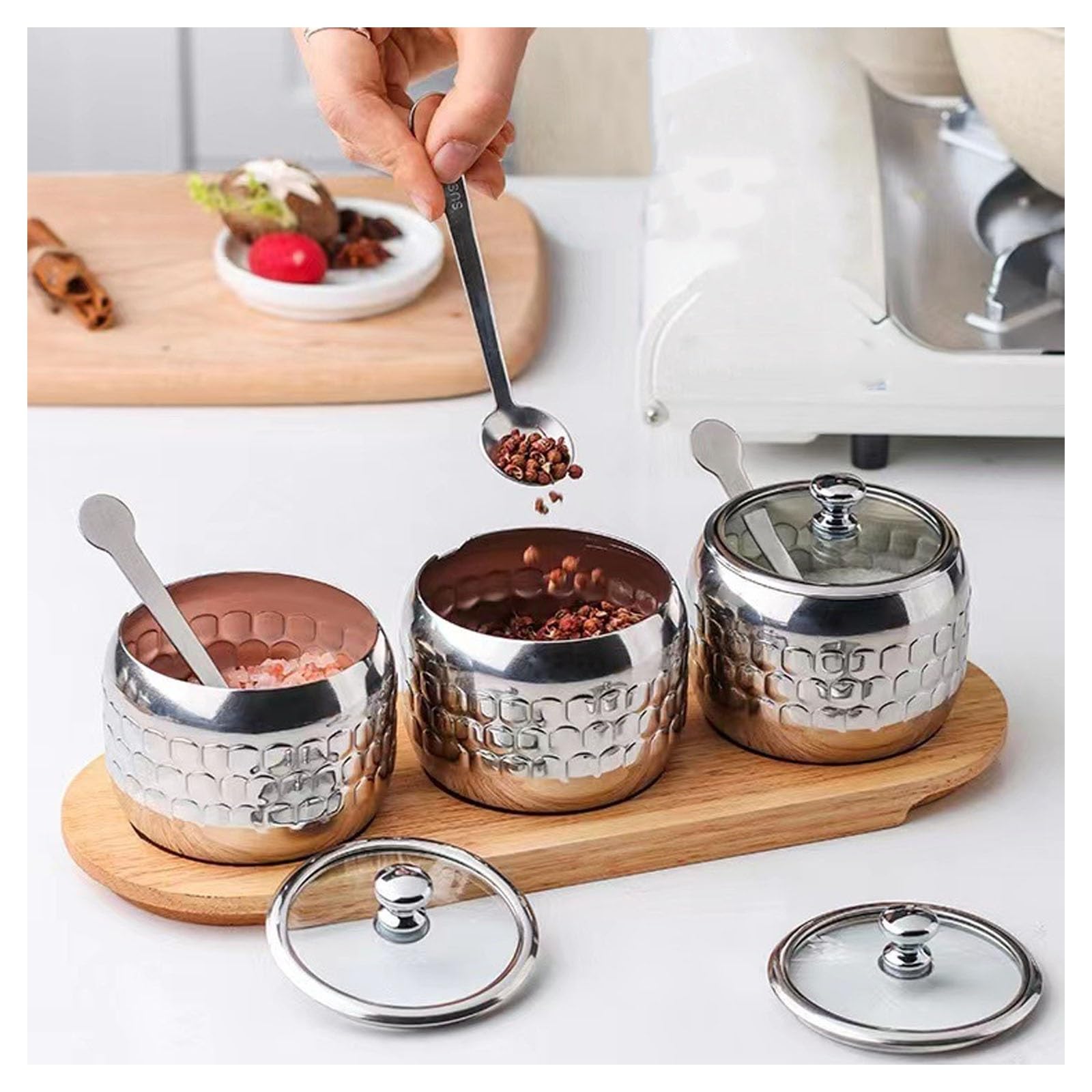 Zuckerdose mit Deckel und Löffel, 304 Edelstahl-Gewürzbehälter-Set, 350 ml Vorratsbehälter, Vorratsglas, Küchenarbeitsplatte, Aufbewahrung for Süßigkeiten, Kaffeebohnen