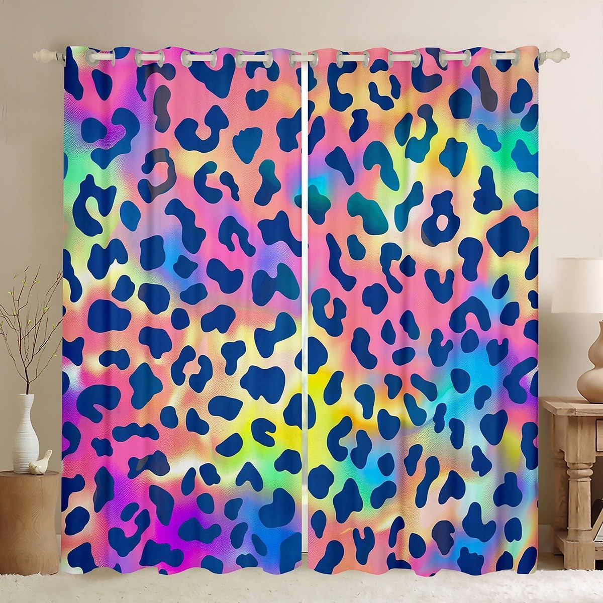Feelyou Leopard Window Curtains for Bedroom Decor Africa Cheetah Curtain Rainbow Leopard Design Window Drapes for Boys Girls Kids Men Women Safari Animal Window Treatments, 52x84 Inches,2 Panels