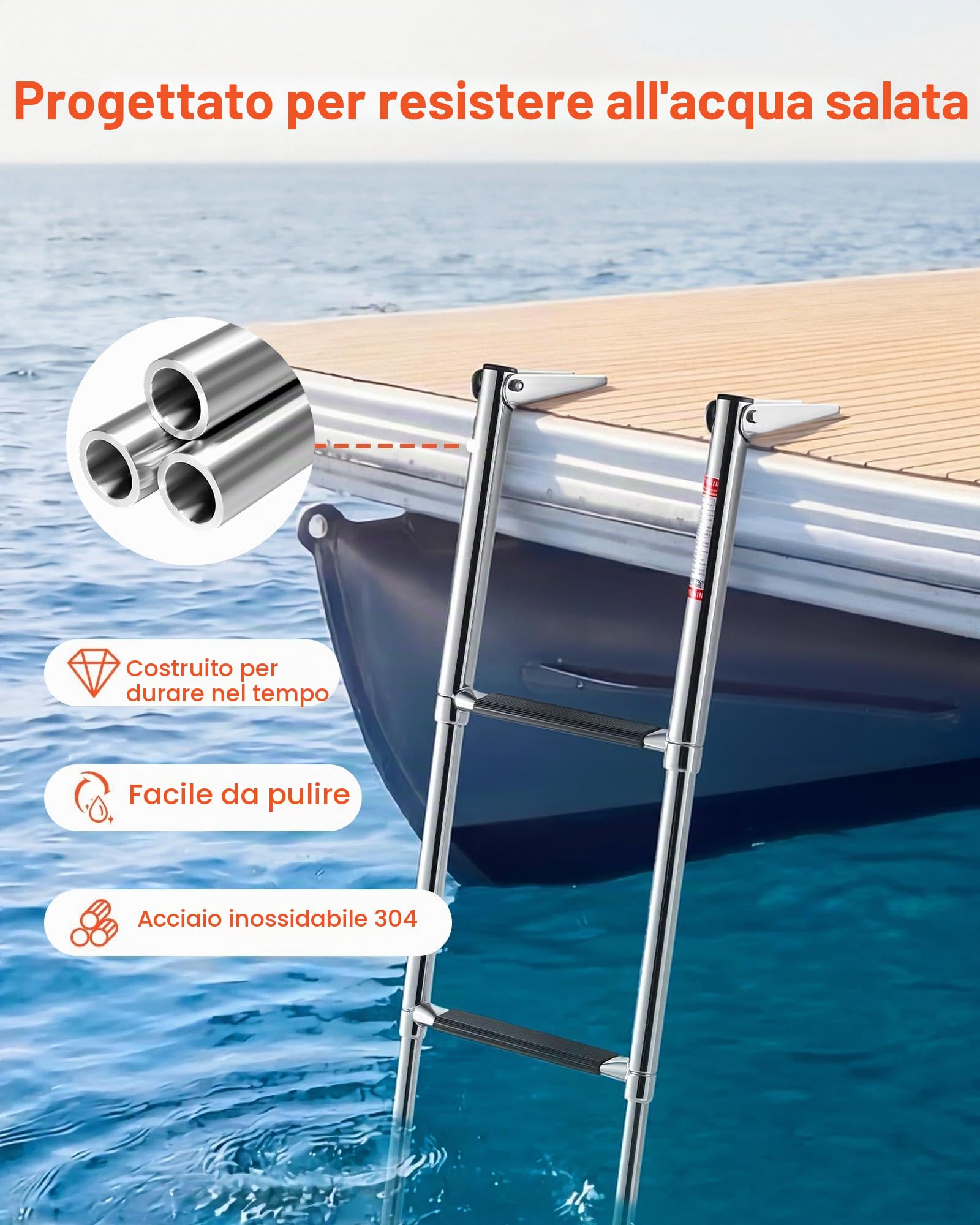 VEVOR Scaletta per Barca in Acciaio Inox, Scaletta Telescopica Pieghevole a 4 Gradini, per Piattaforma di Poppa, Portata Fino a 408 kg, Gradini Ampi e Antiscivolo, per Fuoribordo, Yacht e Pontoni
