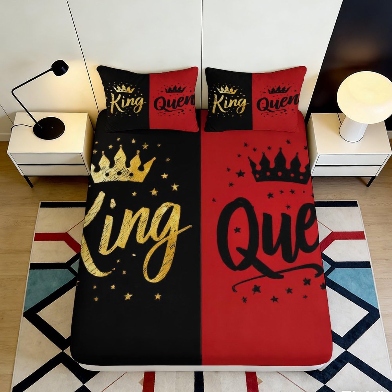 Dhbaneiok Style-4 3D Printed King Queen Fitted Sheet Microfiber Black Red Crown Mattress Cover For Bedroom Dorm Decor, Non Slip, Easy Care 90X200x25cm