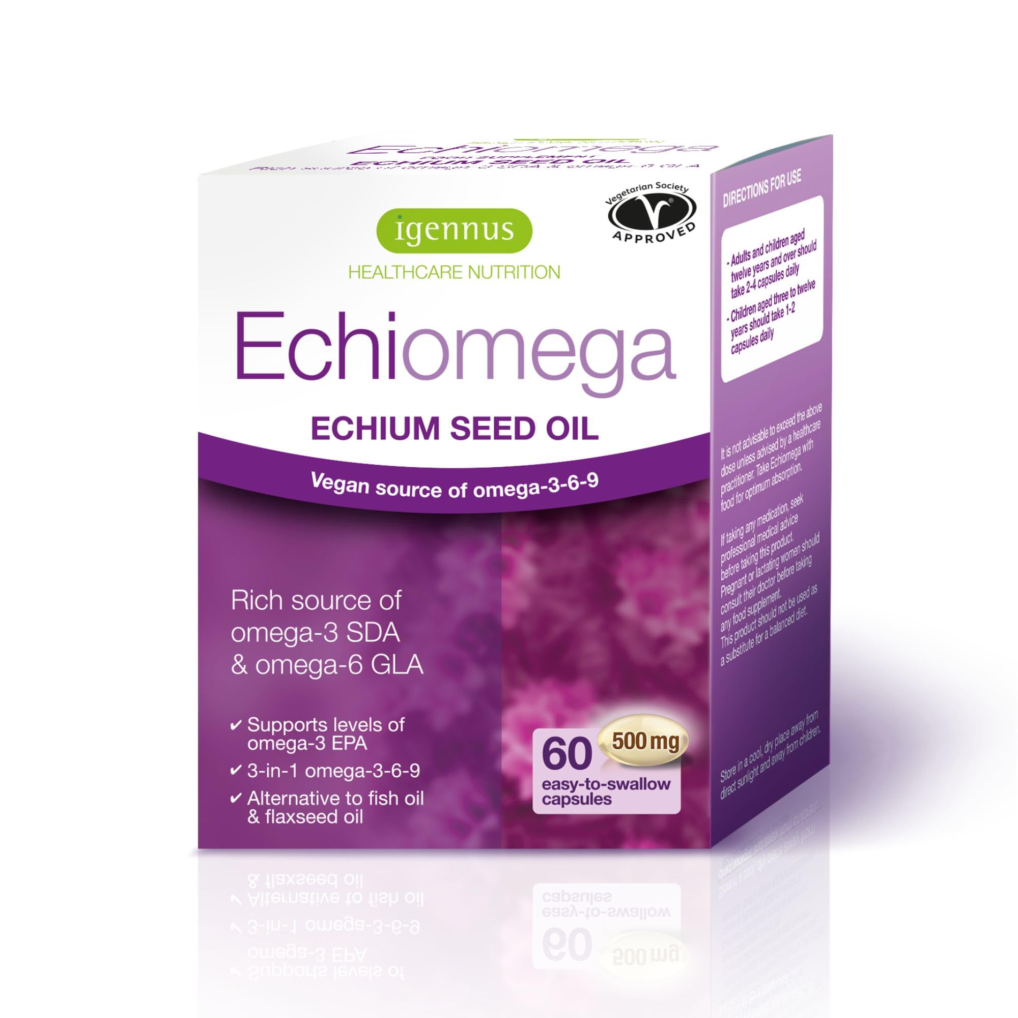Igennus Echiomega Vegan Omega 3-6-9, Plant Based Echium Seed Oil, Ideal 2:1 ratio Omega-3 to Omega-6 GLA, Women’s Health, 60 Small Softgels,