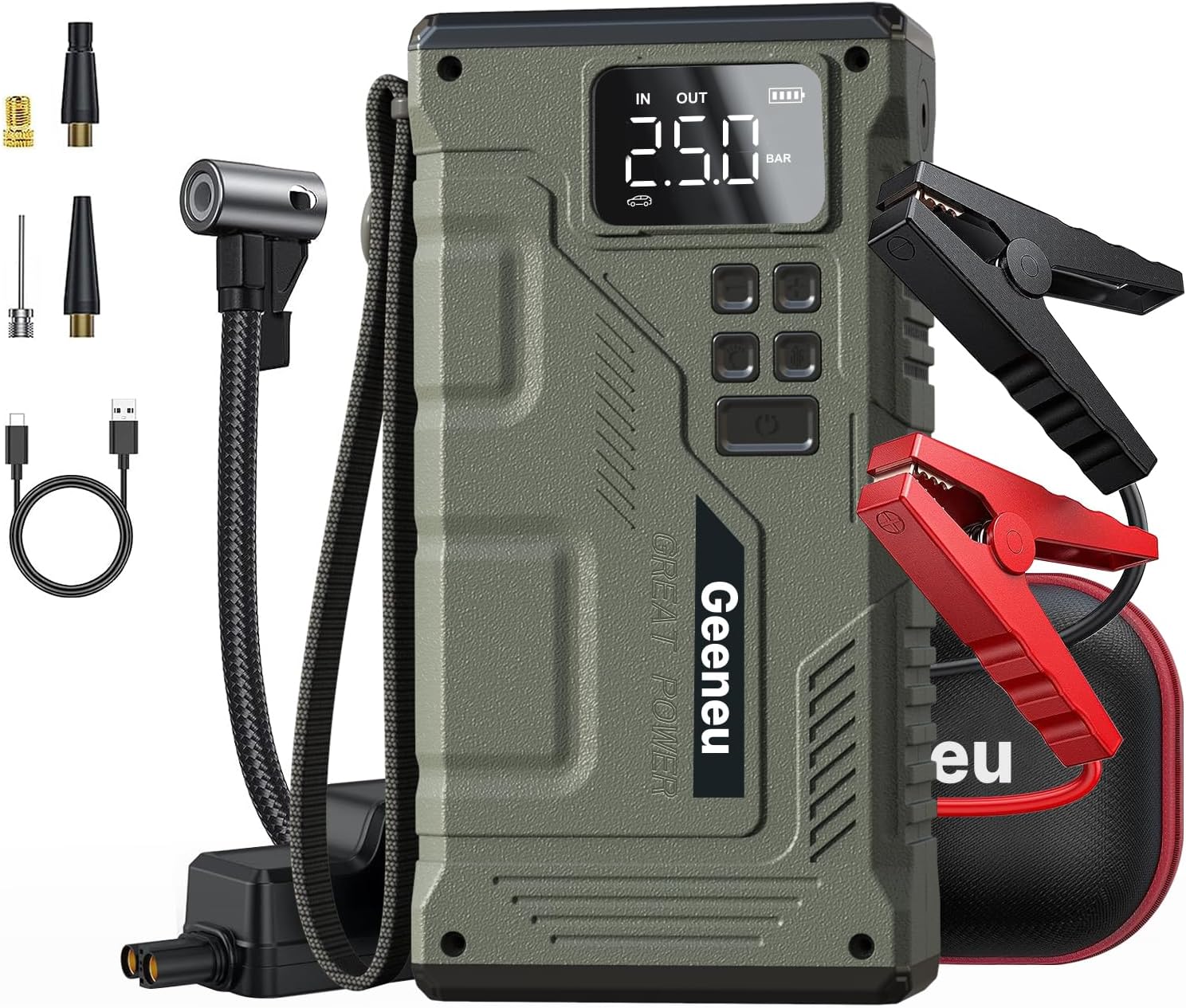 Jump Starter with Air Compressor, Portable 6000A Peak Car Jumper Starter with 150PSI Digital Tire Inflator (All Gas/10L Diesel), Power Pack Booster Jump Box