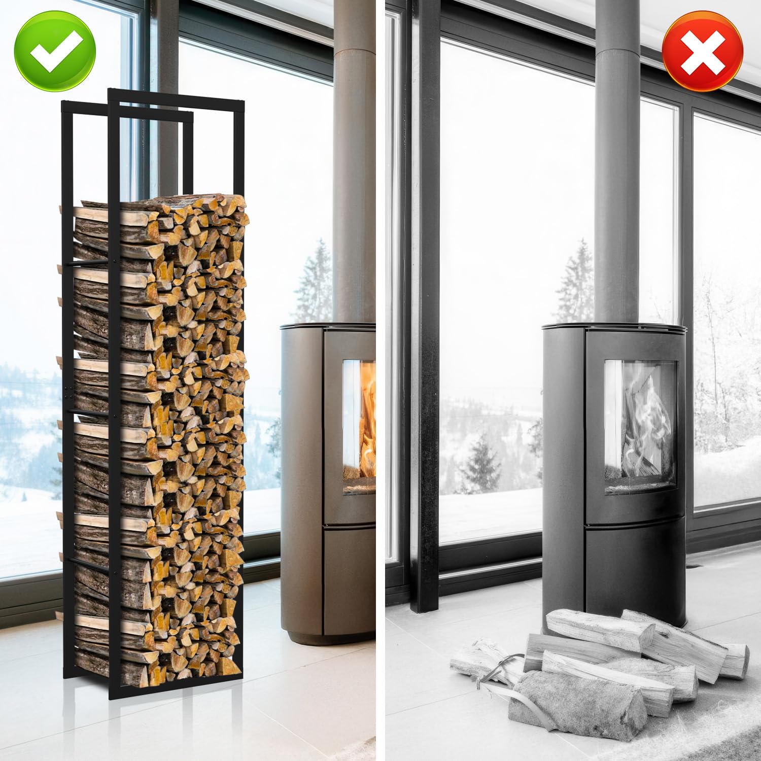 Ikodm kaminholzregal Innen und Aussen, Metall Brennholzregal außen 40 x 25 x 150CM, Holzstapelhilfe für Kamin & Ofen, Holzunterstand für Kaminholz Aussen, Schwarz