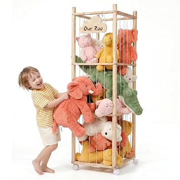 Mallify Stuffed Animal Storage, 54 Inch Wooden Stuffed Animal Zoo with Brake Wheels, Large Capacity Plushies Storage for Nursery Playroom Bedroom