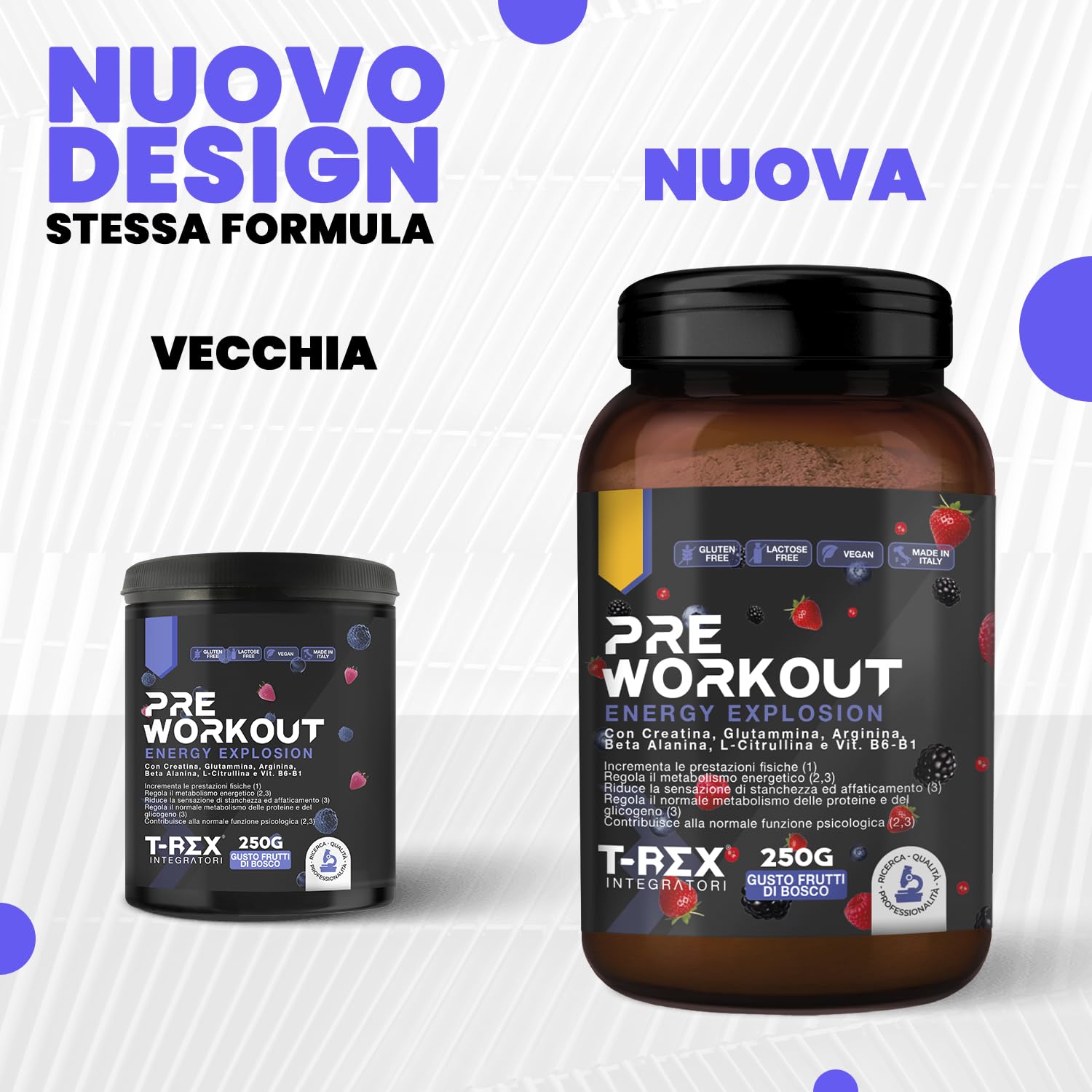 T-Rex Integratori Pre Workout, Energy Drink Potente con Creatina Monoidrata, Citrullina, Taurina, Arginina, Beta Alanina e Vitamine - Senza Caffeina, 250 g (250 g (Confezione da 1), Frutti di Bosco)