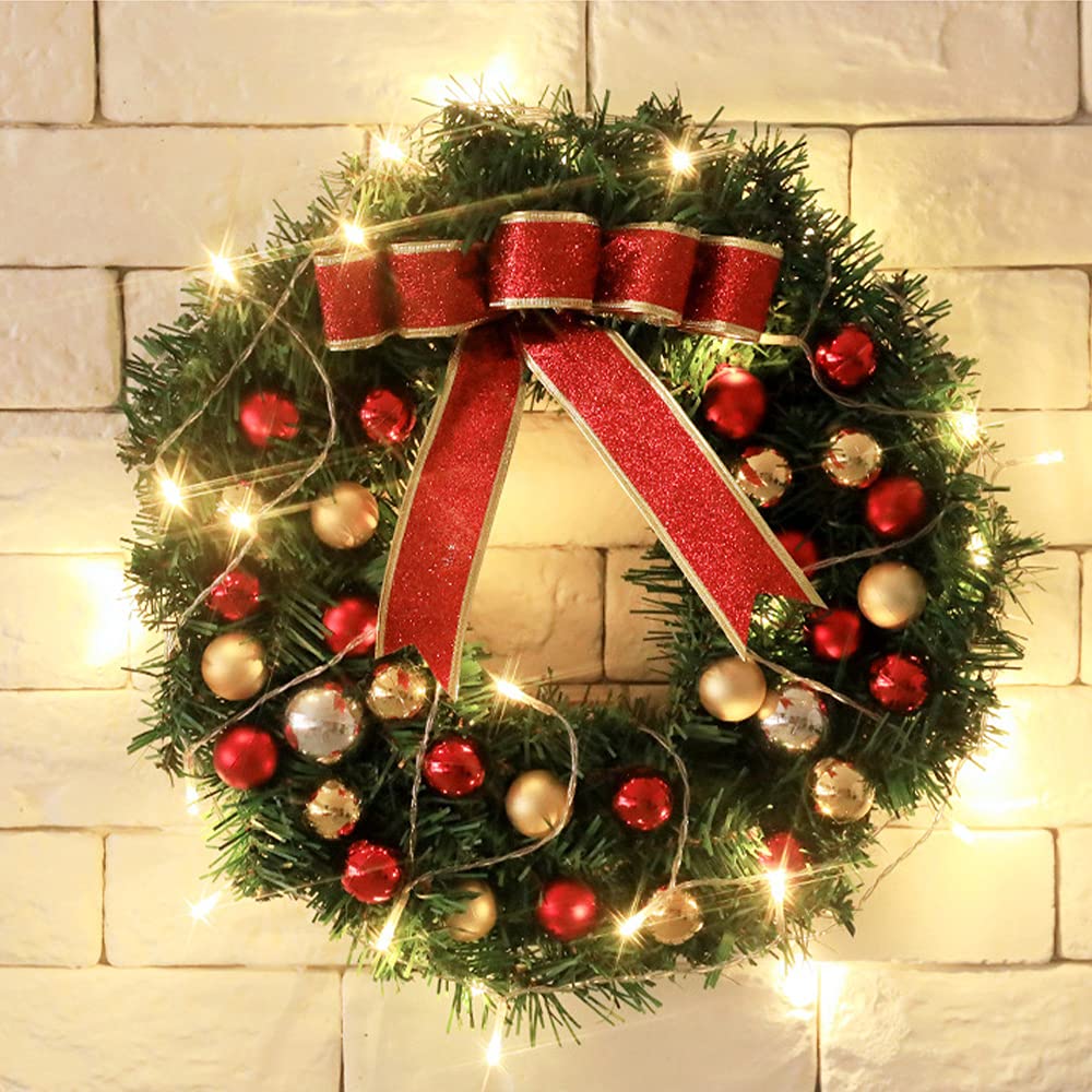30cm Christmas Wreath with Lights Pre-lit Xmas Hanging Decorations Front Door Artificial Rattan Garland with Bowknot Bells Balls Decor for Door Table Window Wall Stairs