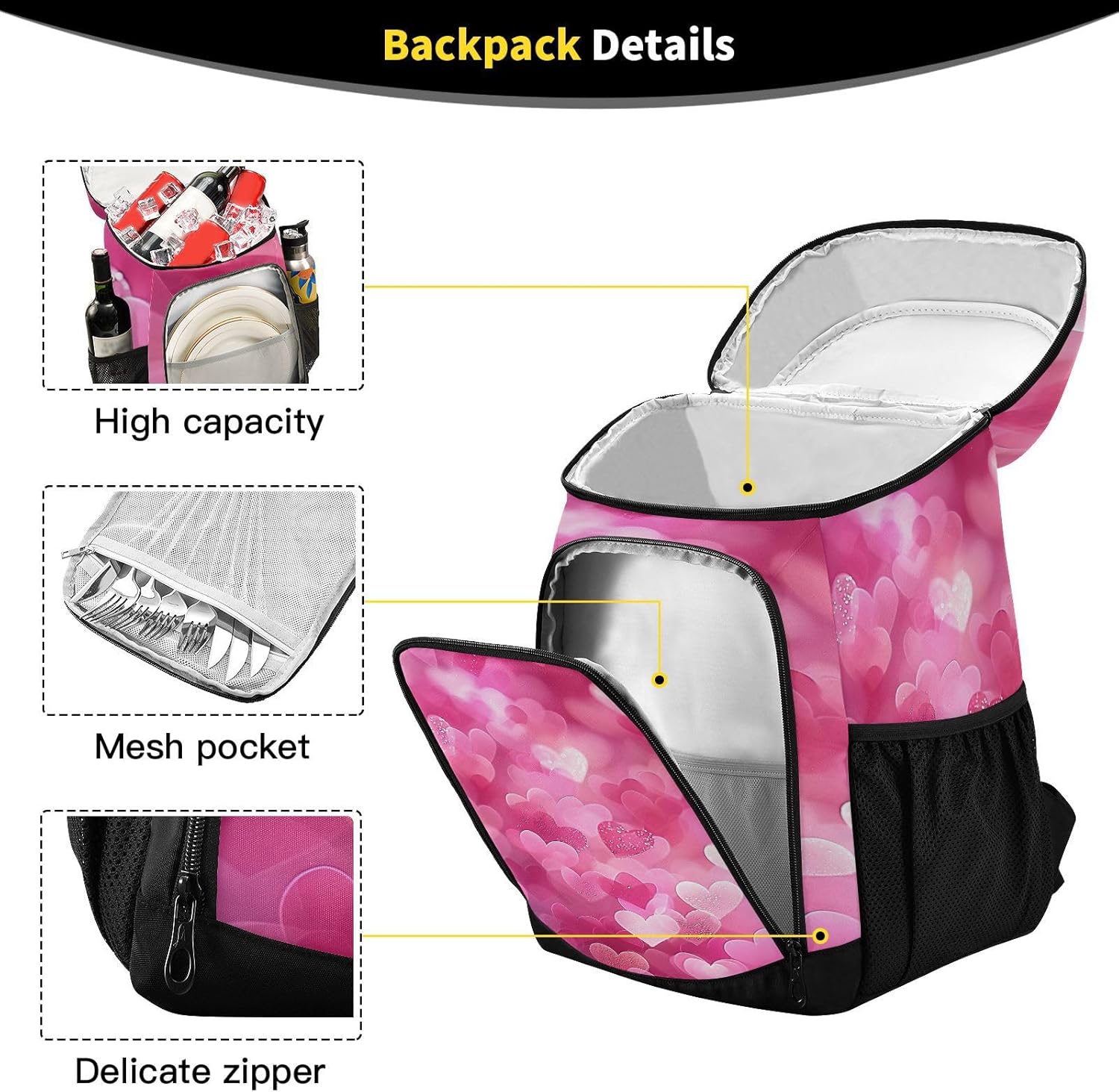 Pink Love (2) Cooler Backpack 36 Cans Leakproof Waterproof Backpack Cooler Bag Beach Accessories Travel Camping Fishing Backpack for Women Men
