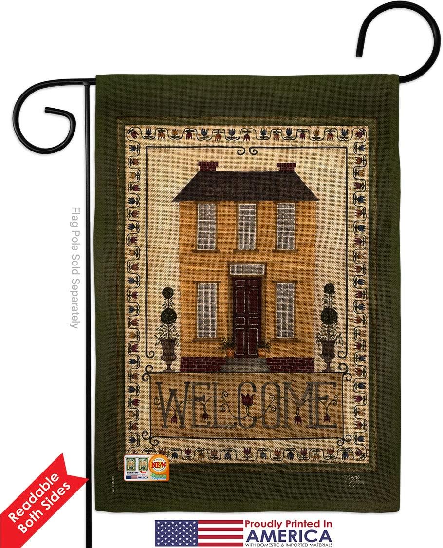Welcome Yellow House Garden Flag Set Wall Holder Country Living Farm Western Barn American Rustic Cowboy Rural Ranch Small Decorative Gift Yard Banner Double-Sided Made In USA 13 X 18.5