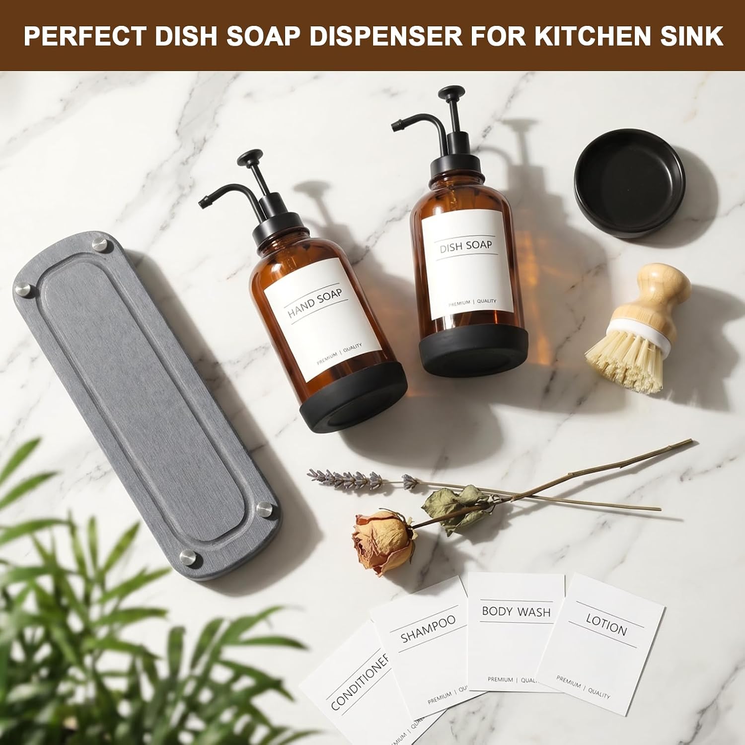 Kitchen Soap Dispenser Set, 16.9 oz/500 ml Amber Soap Dispenser, Hand and Dish Soap Dispenser Set, Dish Brush, Refillable, for Daily Kitchen Cleaning