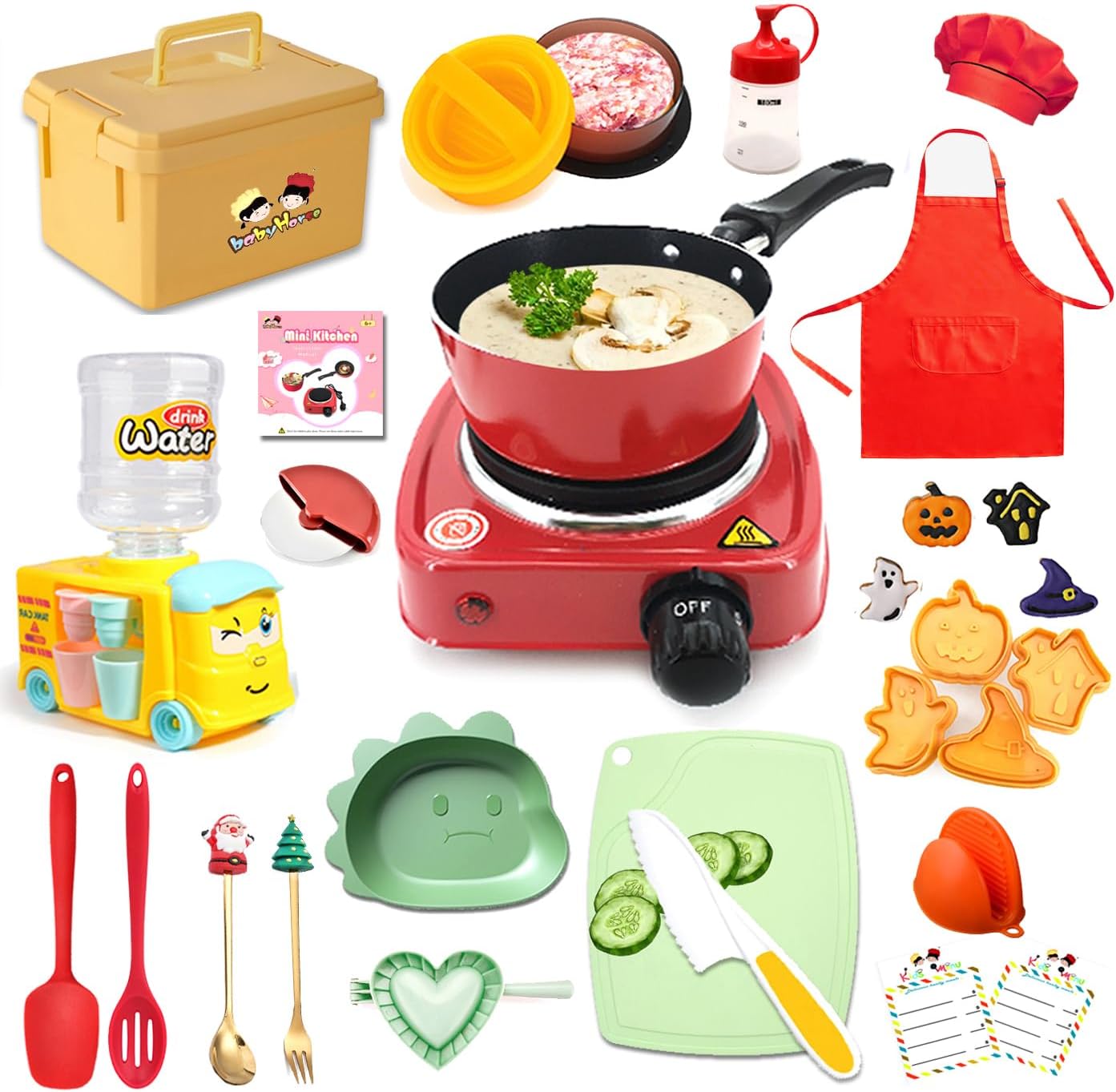 22 Pcs Montessori Kids Junior Tiny Real Toddler Safe Easy Bake Cook Set with Pretend Kitchen Tool -Mini Stove Burner, Chef, Apron, Oven Mitt, Recipes -Real Food Utensils Gift for Boys Girls Ages 6-1
