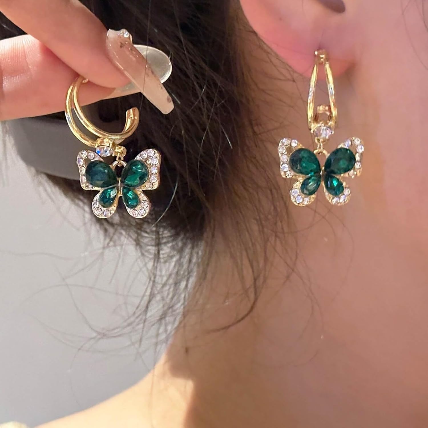 Boho Crystal Butterfly Earrings Green Butterfly Earrings Gold Enamel Butterfly Stud Earrings Minimal Insect Earrings Jewelry for Women and Teen Gifts - Image 5